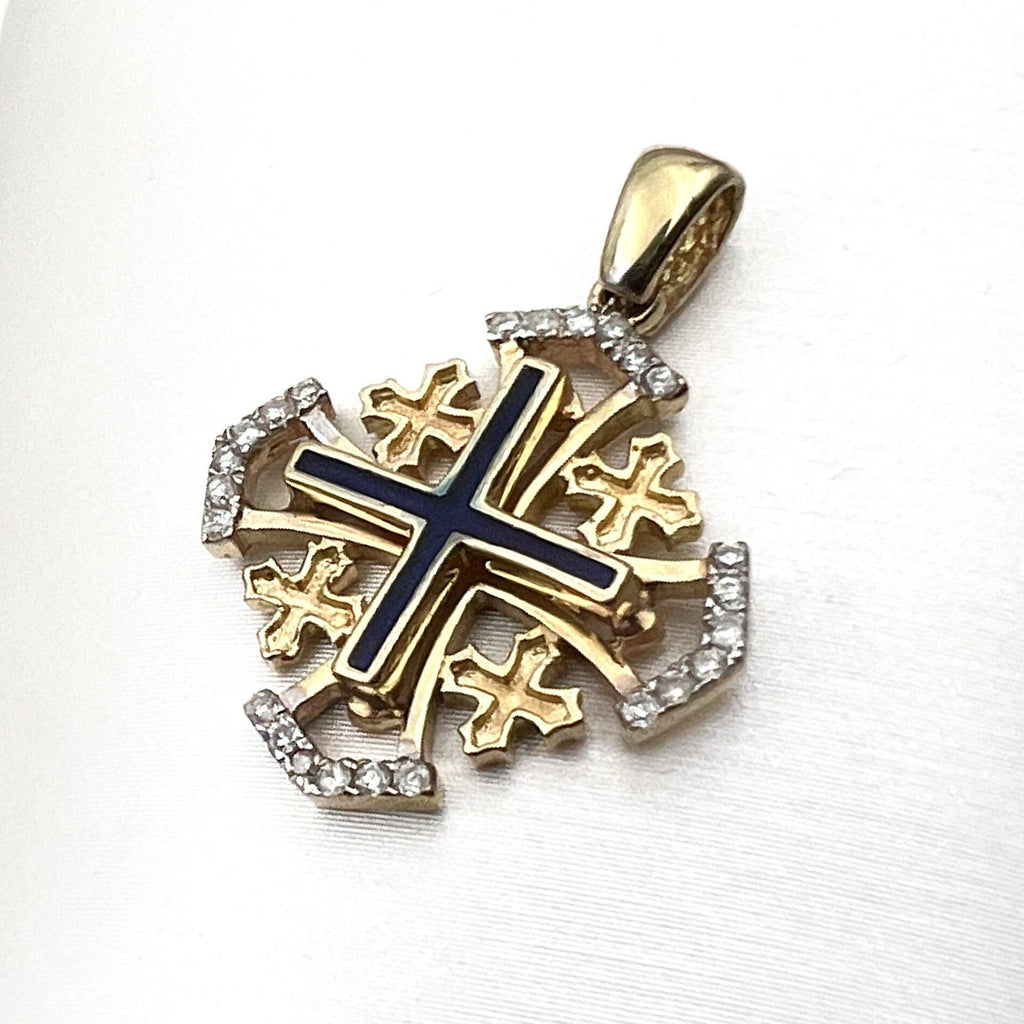 Jerusalem Cross Pendant in 14k Gold with 24 Diamonds 0.17ct and Blue Enamel A Timeless Sign of Faith