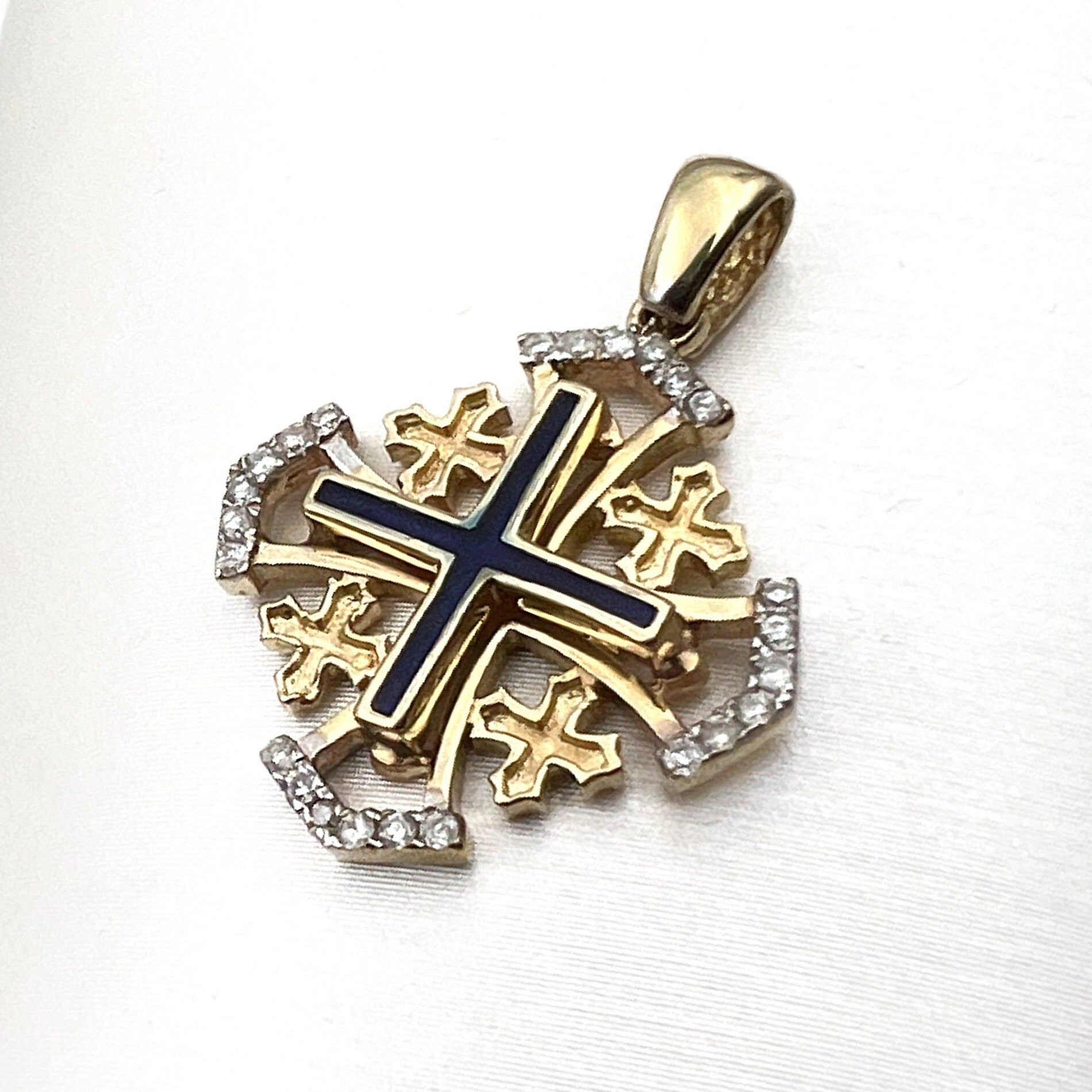 Jerusalem Cross Pendant in 14k Gold with 24 Diamonds 0.17ct and Blue Enamel A Timeless Sign of Faith