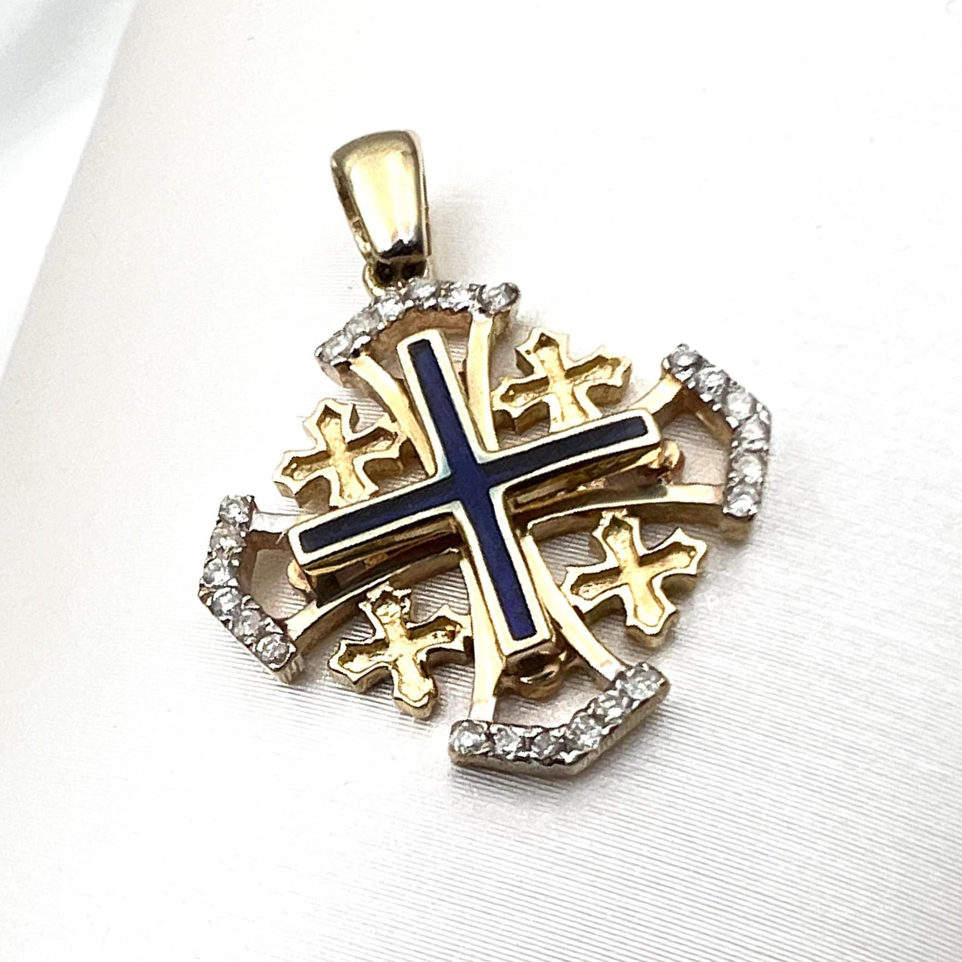 Jerusalem Cross Pendant in 14k Gold with 24 Diamonds 0.17ct and Blue Enamel A Timeless Sign of Faith
