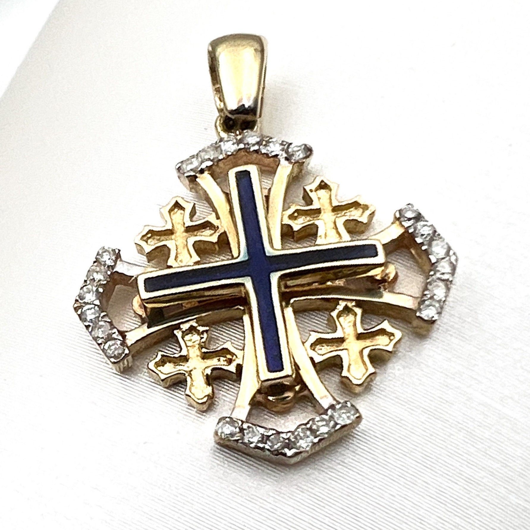 Jerusalem Cross Pendant in 14k Gold with 24 Diamonds 0.17ct and Blue Enamel A Timeless Sign of Faith