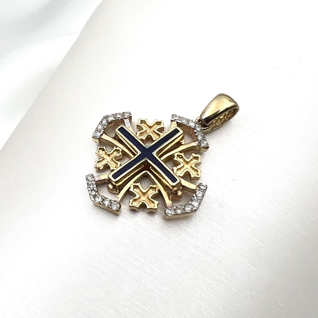 Jerusalem Cross Pendant in 14k Gold with 24 Diamonds 0.17ct and Blue Enamel A Timeless Sign of Faith