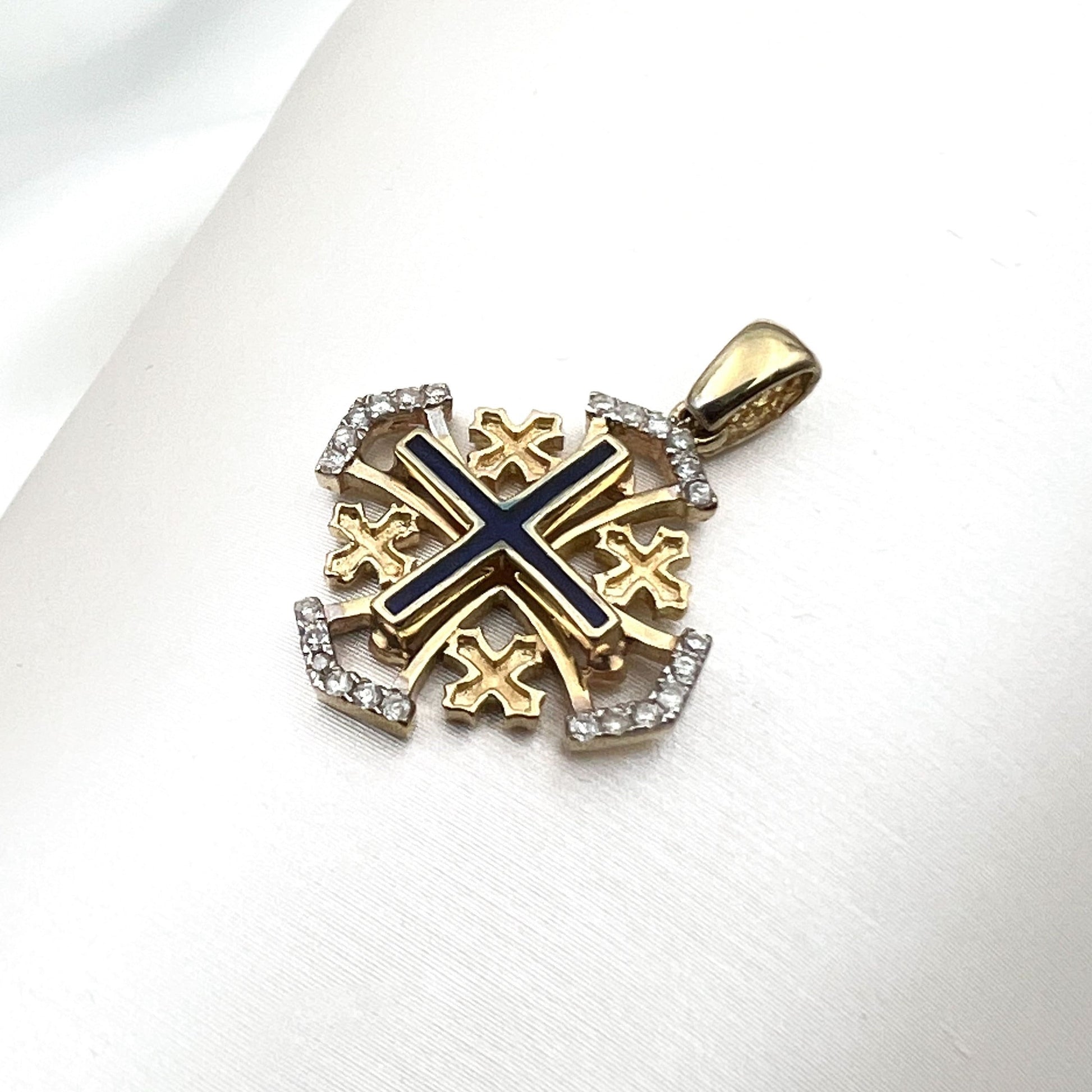 Jerusalem Cross Pendant in 14k Gold with 24 Diamonds 0.17ct and Blue Enamel A Timeless Sign of Faith