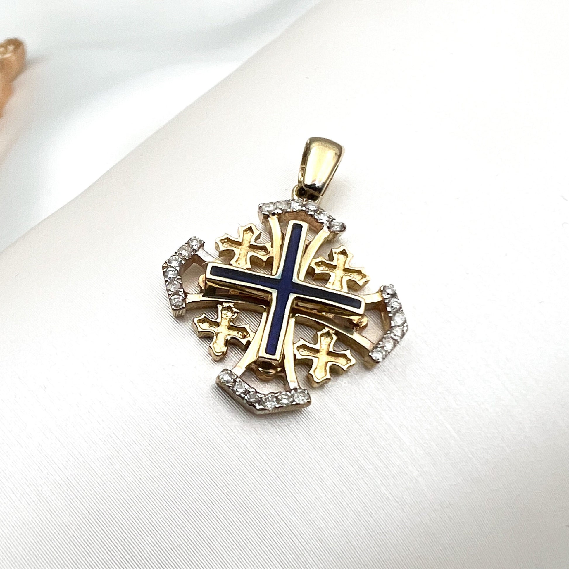 Jerusalem Cross Pendant in 14k Gold with 24 Diamonds 0.17ct and Blue Enamel A Timeless Sign of Faith