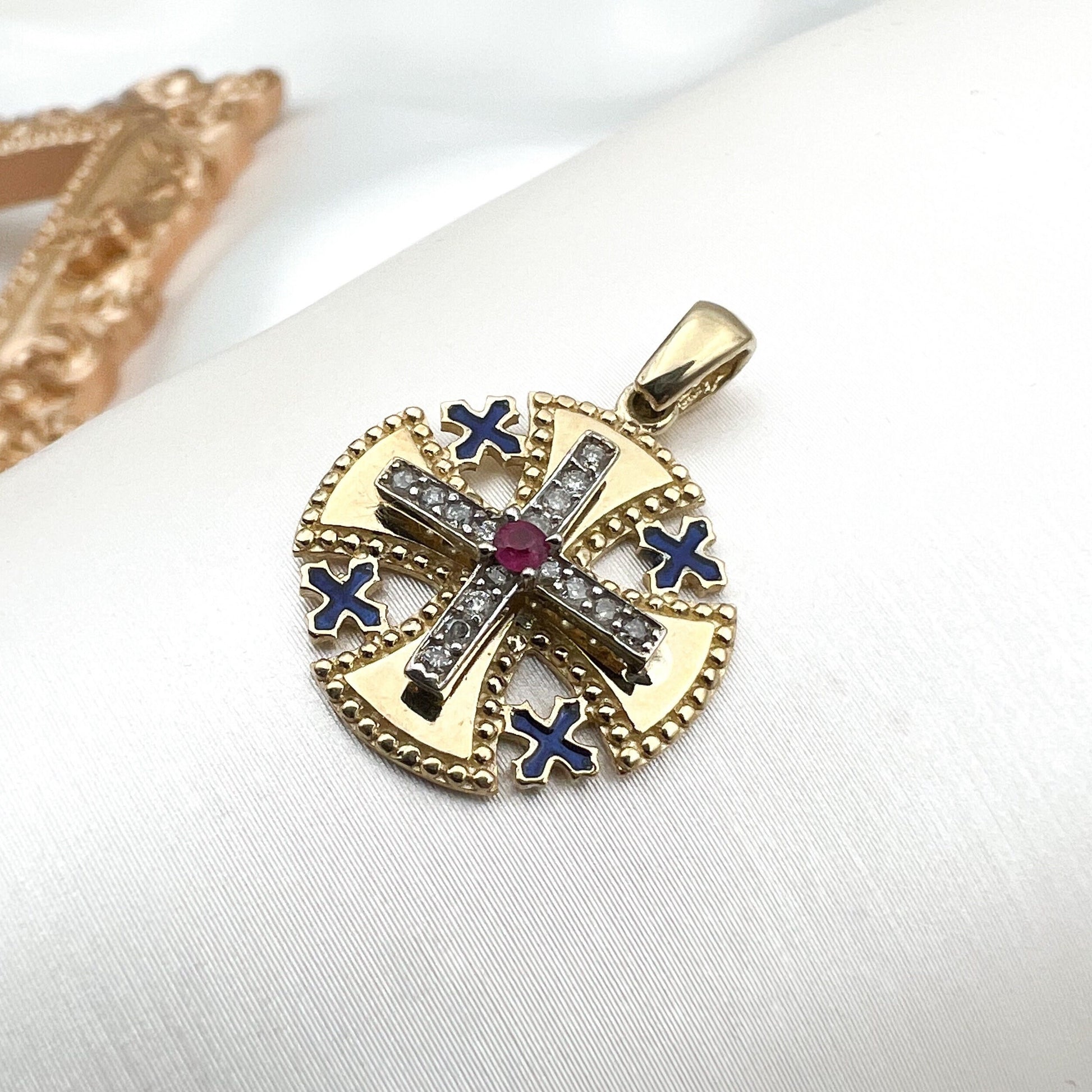 14k Gold Jerusalem Cross Pendant with Diamonds and Ruby A Bold Religious Statement