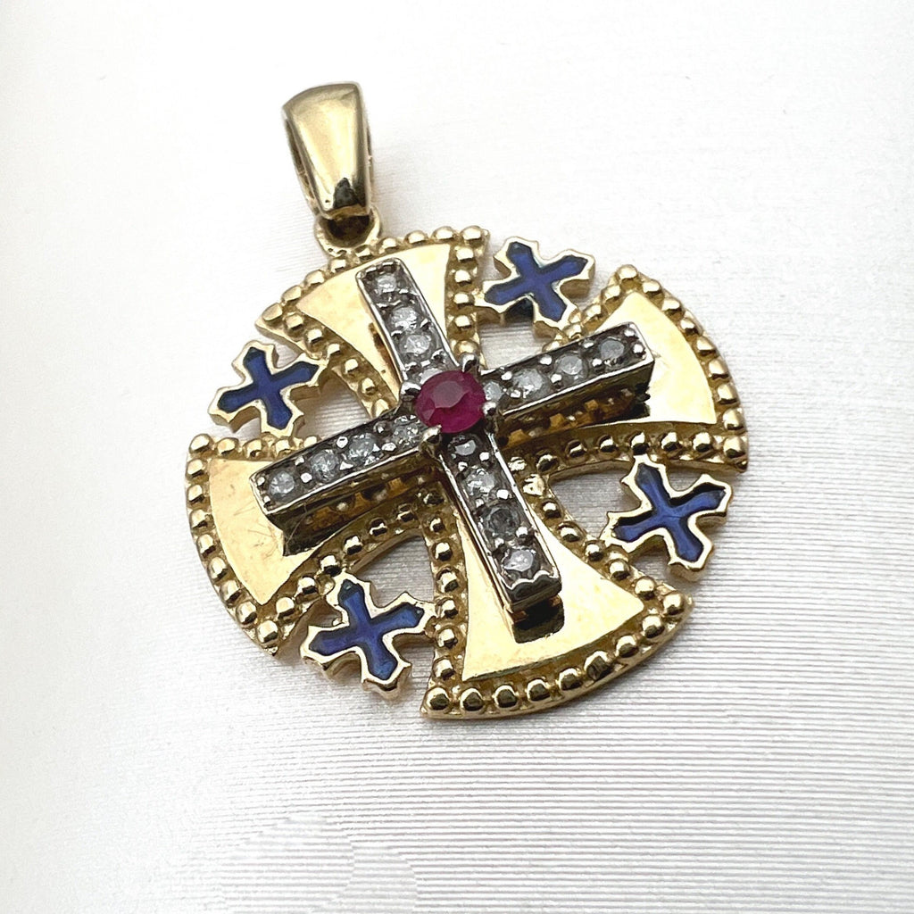 14k Gold Jerusalem Cross Pendant with Diamonds and Ruby A Bold Religious Statement