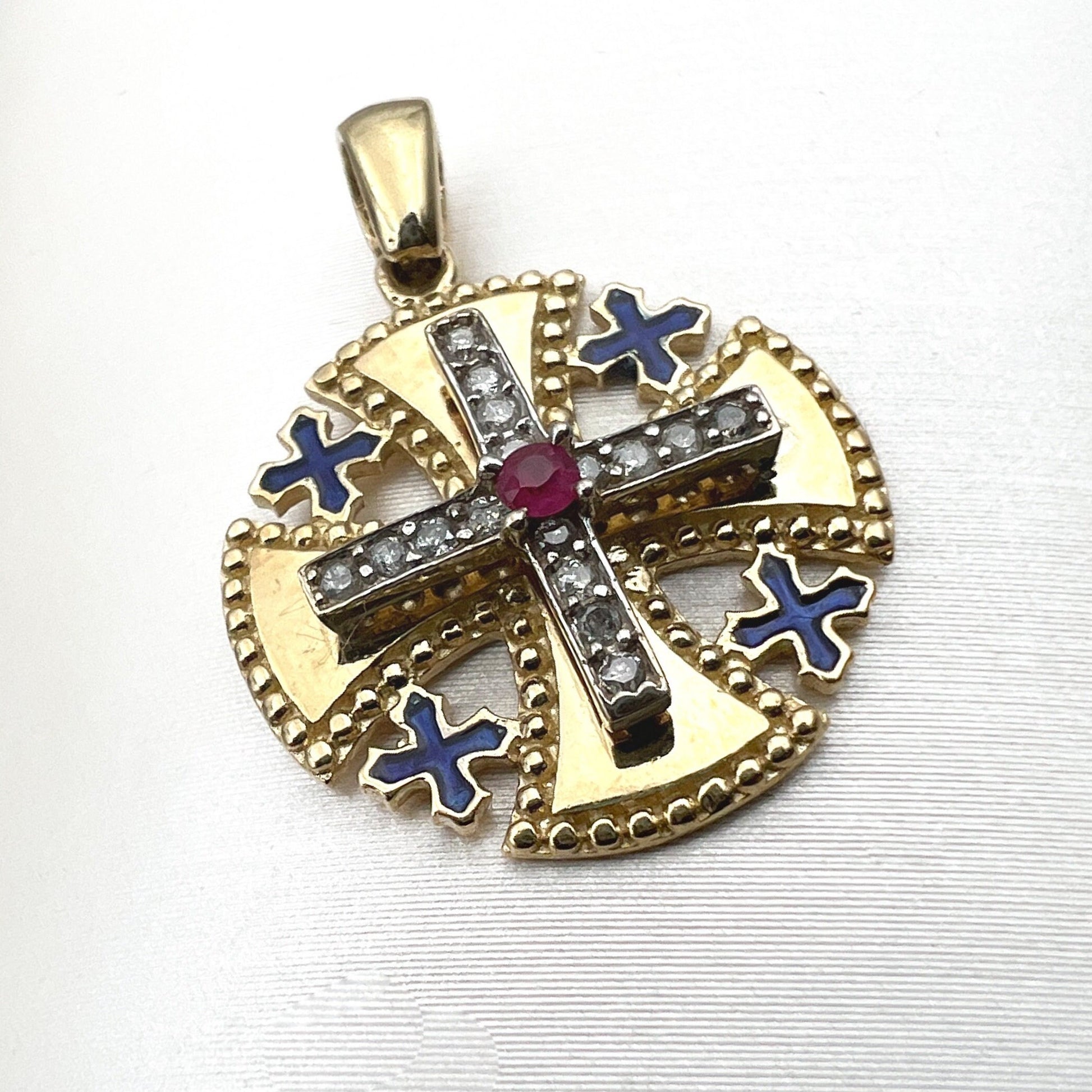 14k Gold Jerusalem Cross Pendant with Diamonds and Ruby A Bold Religious Statement