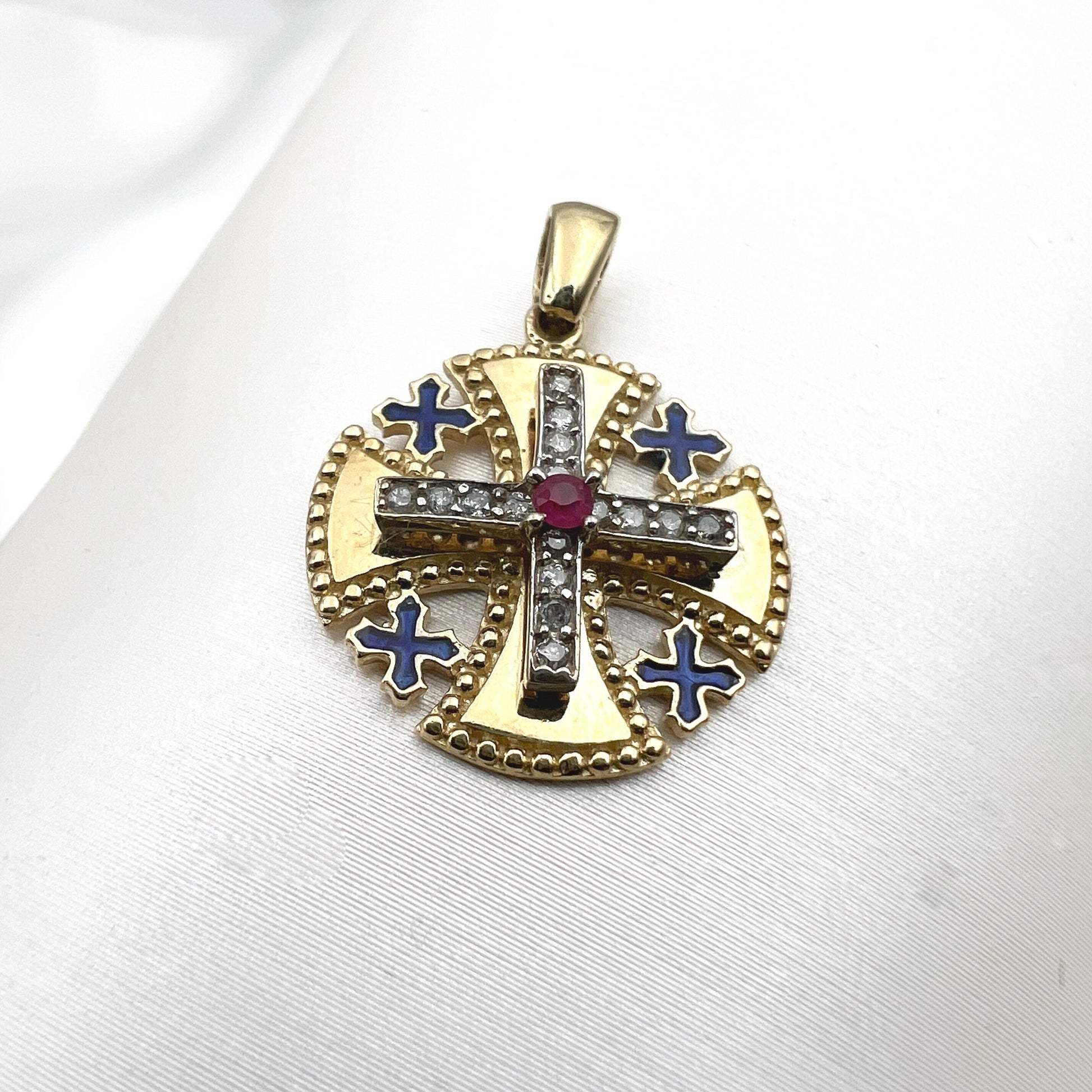 14k Gold Jerusalem Cross Pendant with Diamonds and Ruby A Bold Religious Statement