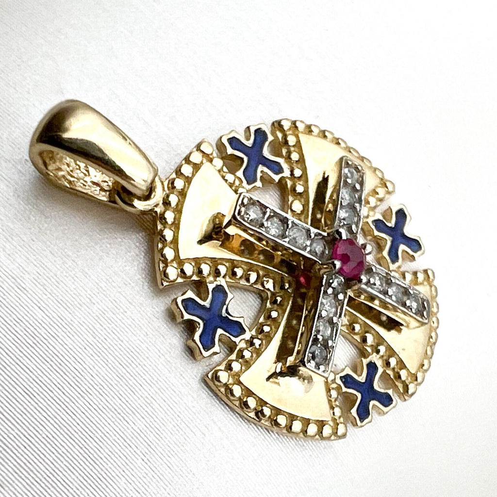 14k Gold Jerusalem Cross Pendant with Diamonds and Ruby A Bold Religious Statement