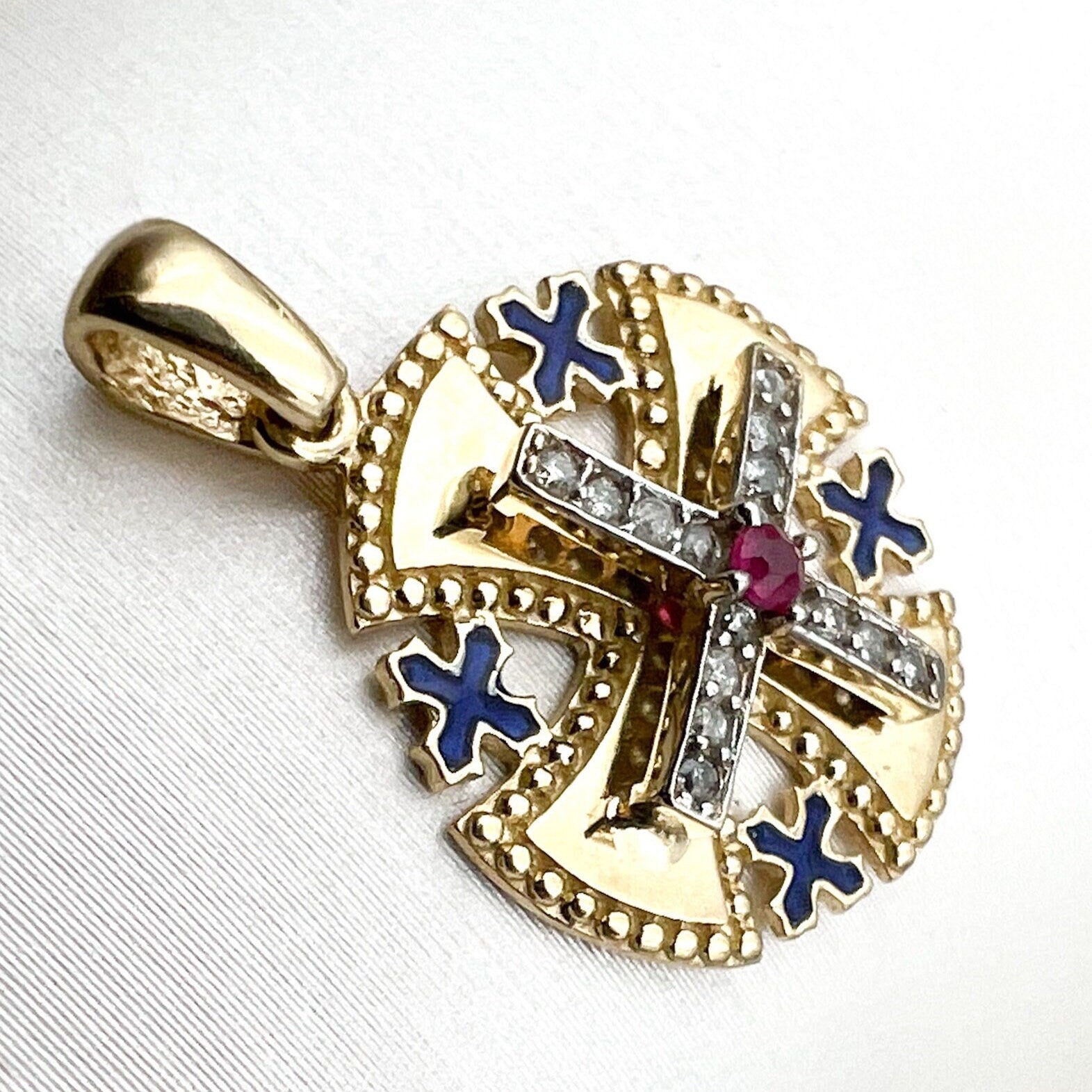 14k Gold Jerusalem Cross Pendant with Diamonds and Ruby A Bold Religious Statement