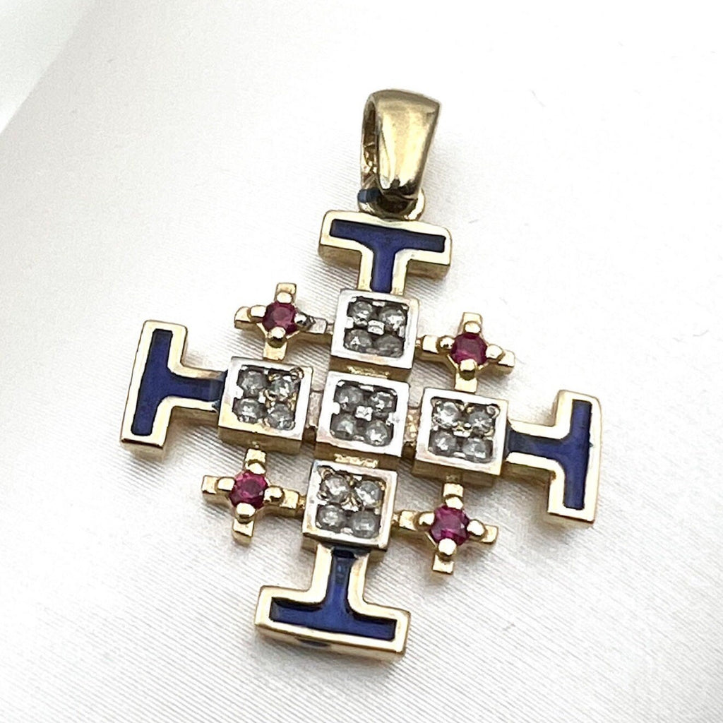 Jerusalem Cross Pendant in 14k Gold with 0.15ct Diamonds and Ruby
