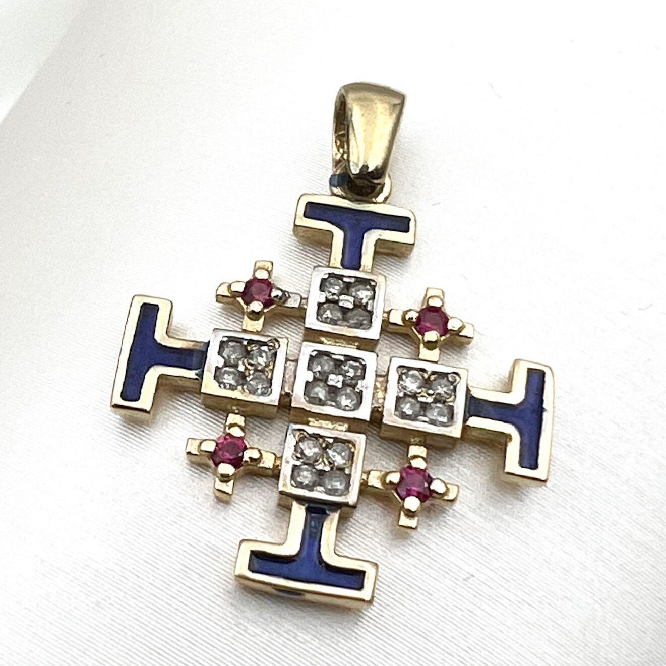 Jerusalem Cross Pendant in 14k Gold with 0.15ct Diamonds and Ruby