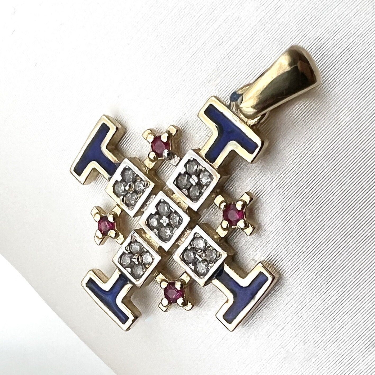 Jerusalem Cross Pendant in 14k Gold with 0.15ct Diamonds and Ruby
