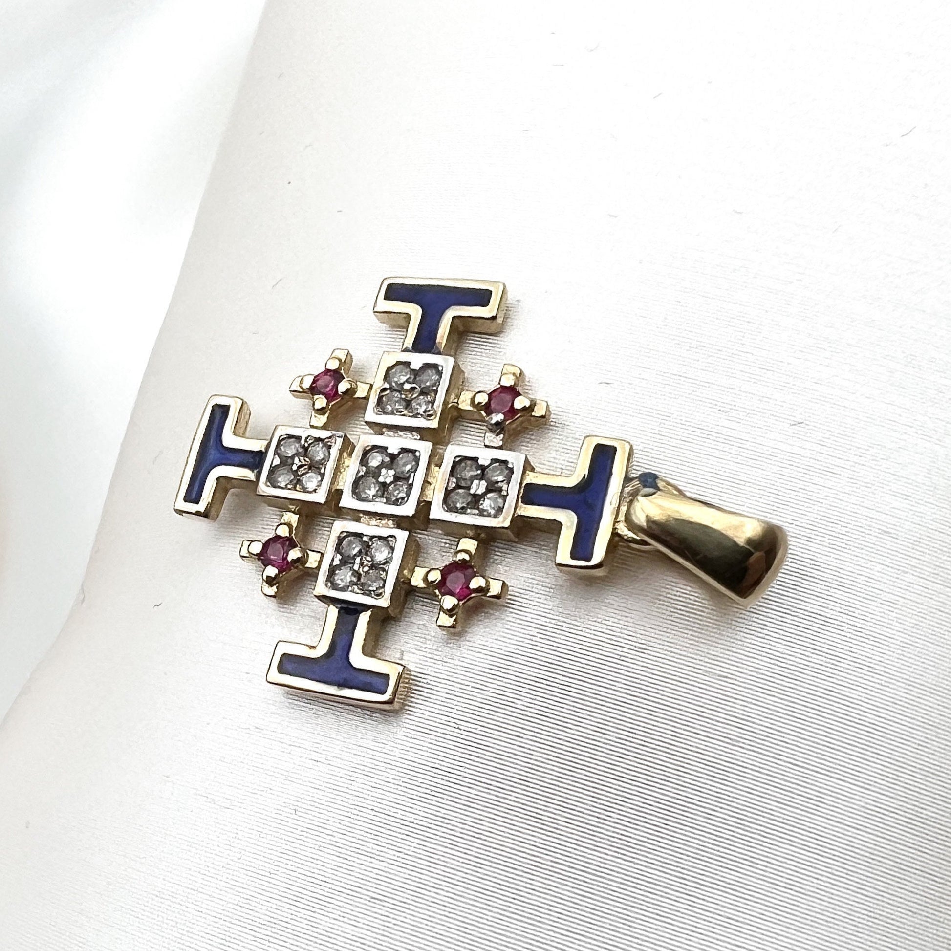 Jerusalem Cross Pendant in 14k Gold with 0.15ct Diamonds and Ruby