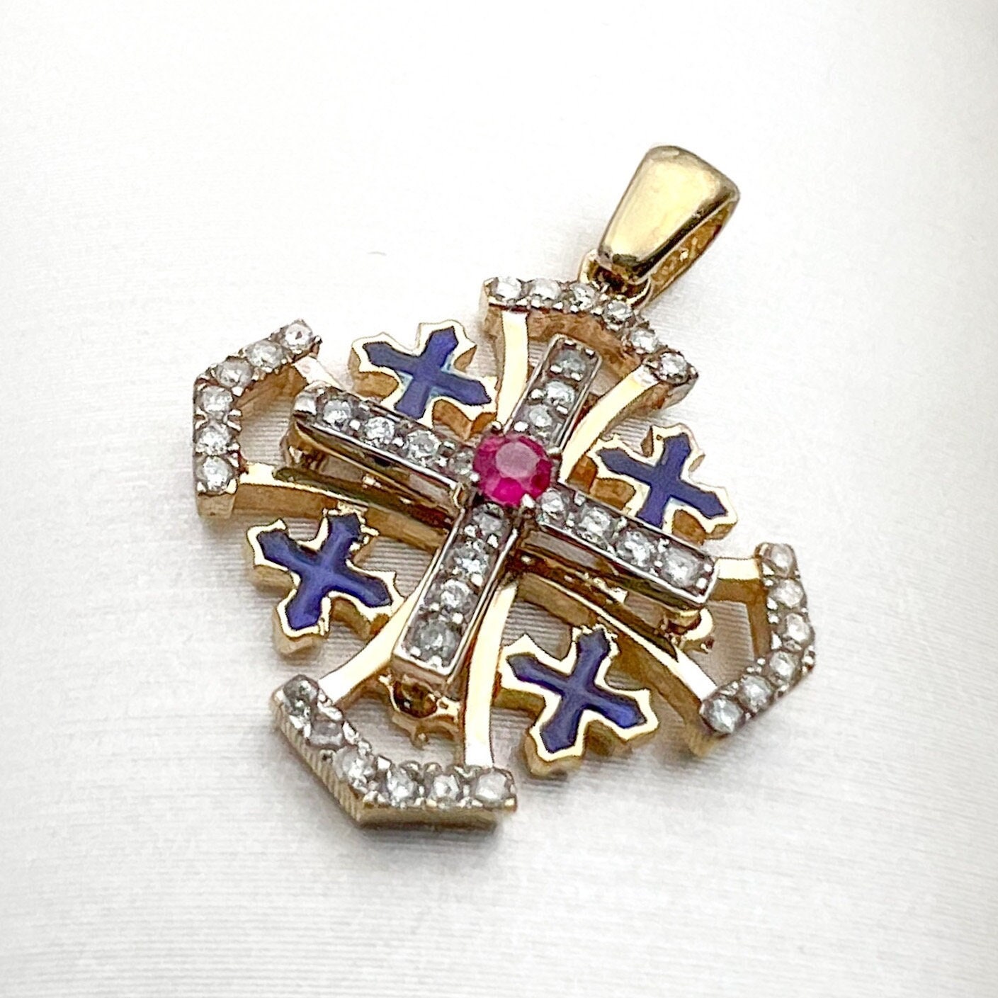 Jerusalem Sacred Cross Pendant in 14k Gold with Diamonds and Ruby