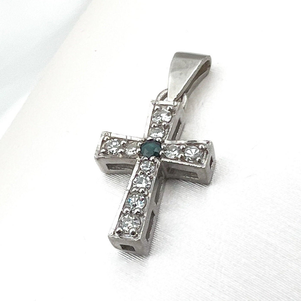 Diamond and Blue Sapphire Latin Cross Pendant in White Gold