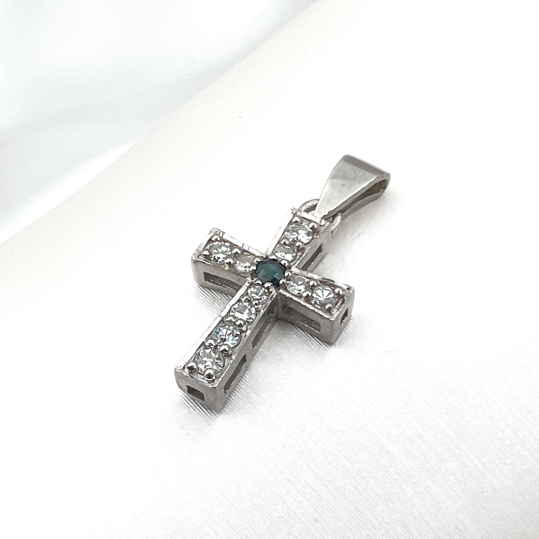 Diamond and Blue Sapphire Latin Cross Pendant in White Gold