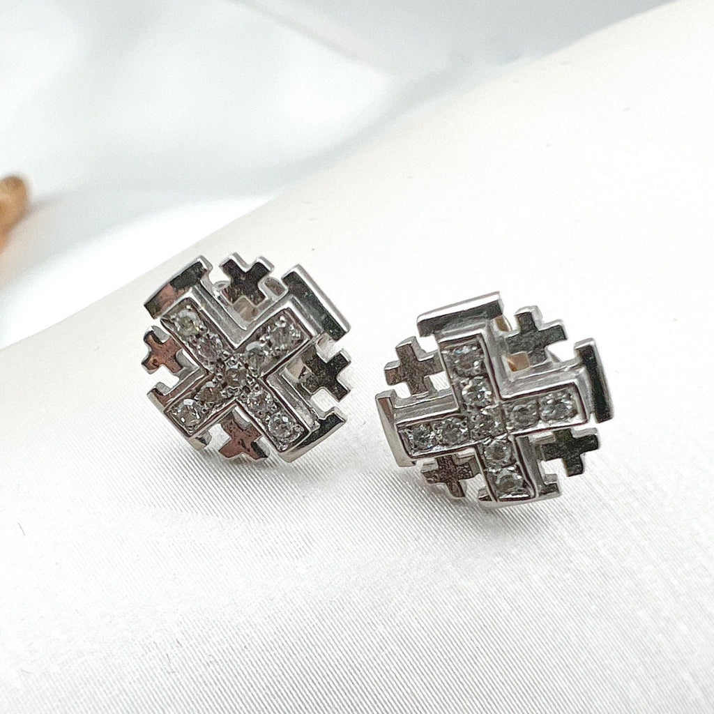 Jerusalem Cross Earrings in 14k Gold and Diamonds - Light of Faith