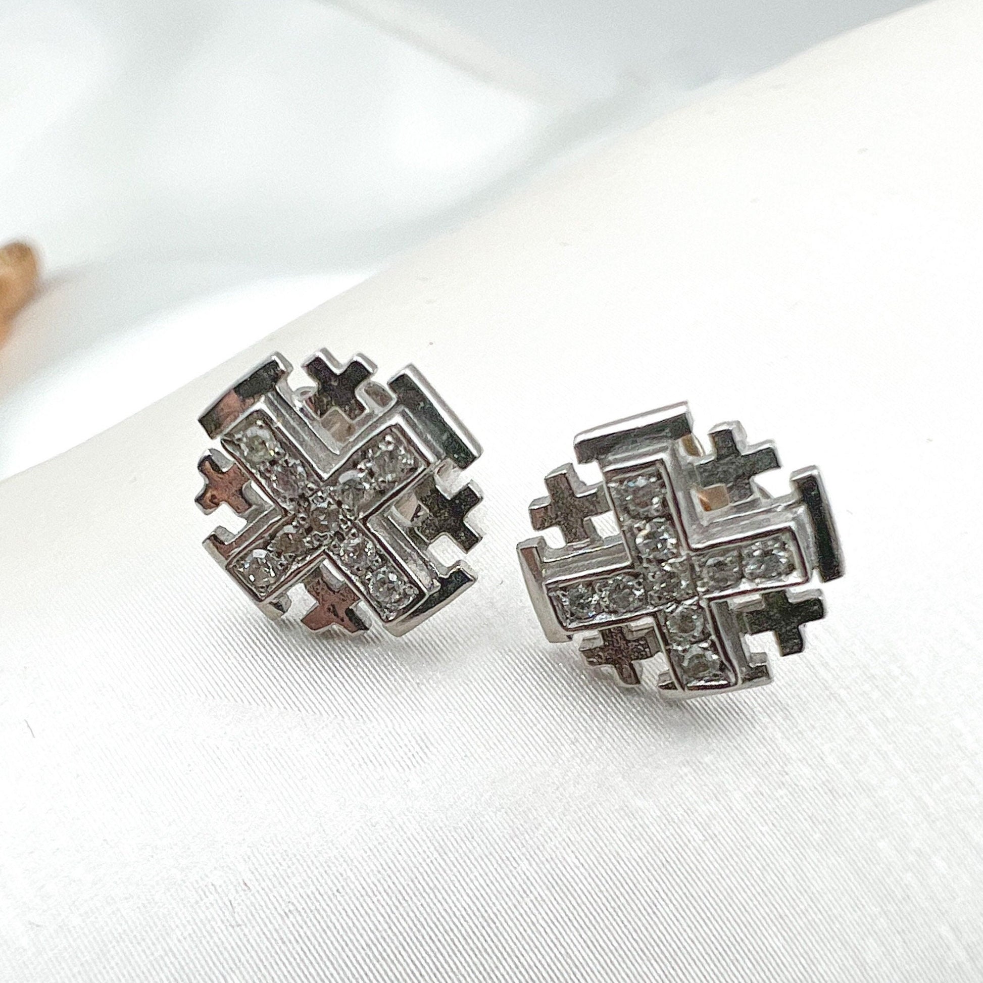 Jerusalem Cross Earrings in 14k Gold and Diamonds - Light of Faith