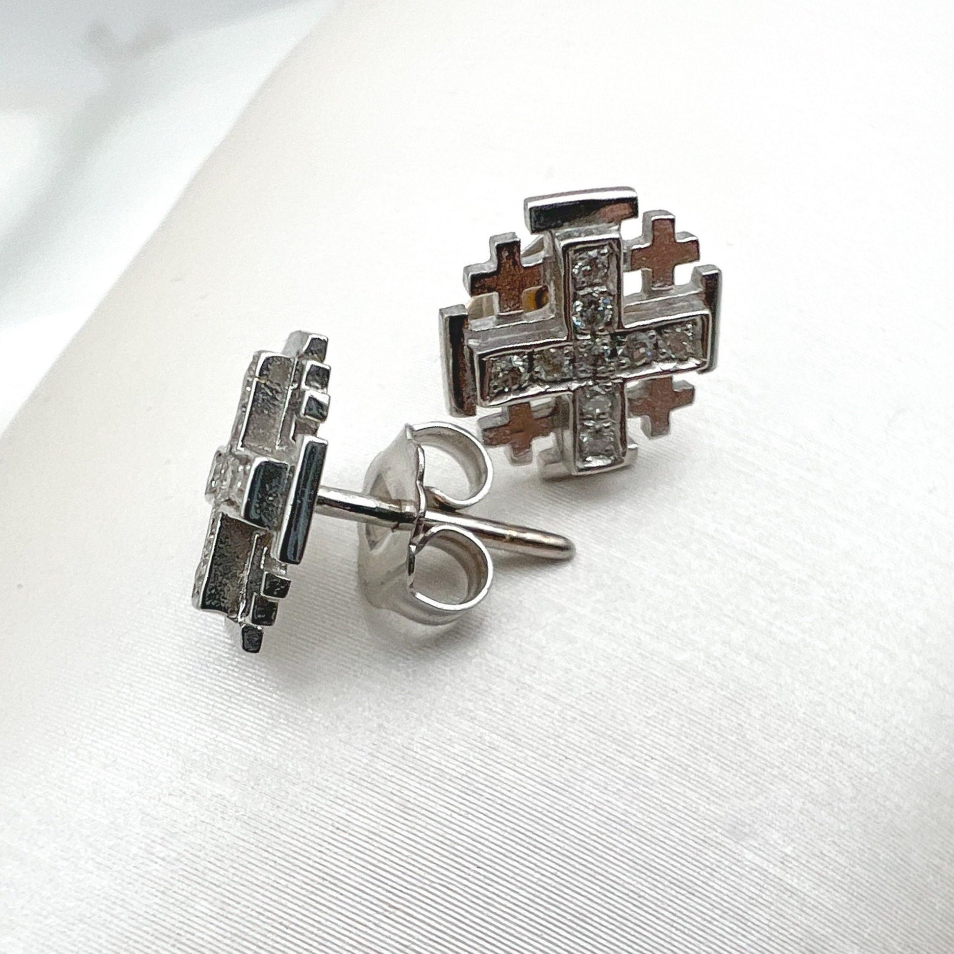 Jerusalem Cross Earrings in 14k Gold and Diamonds - Light of Faith