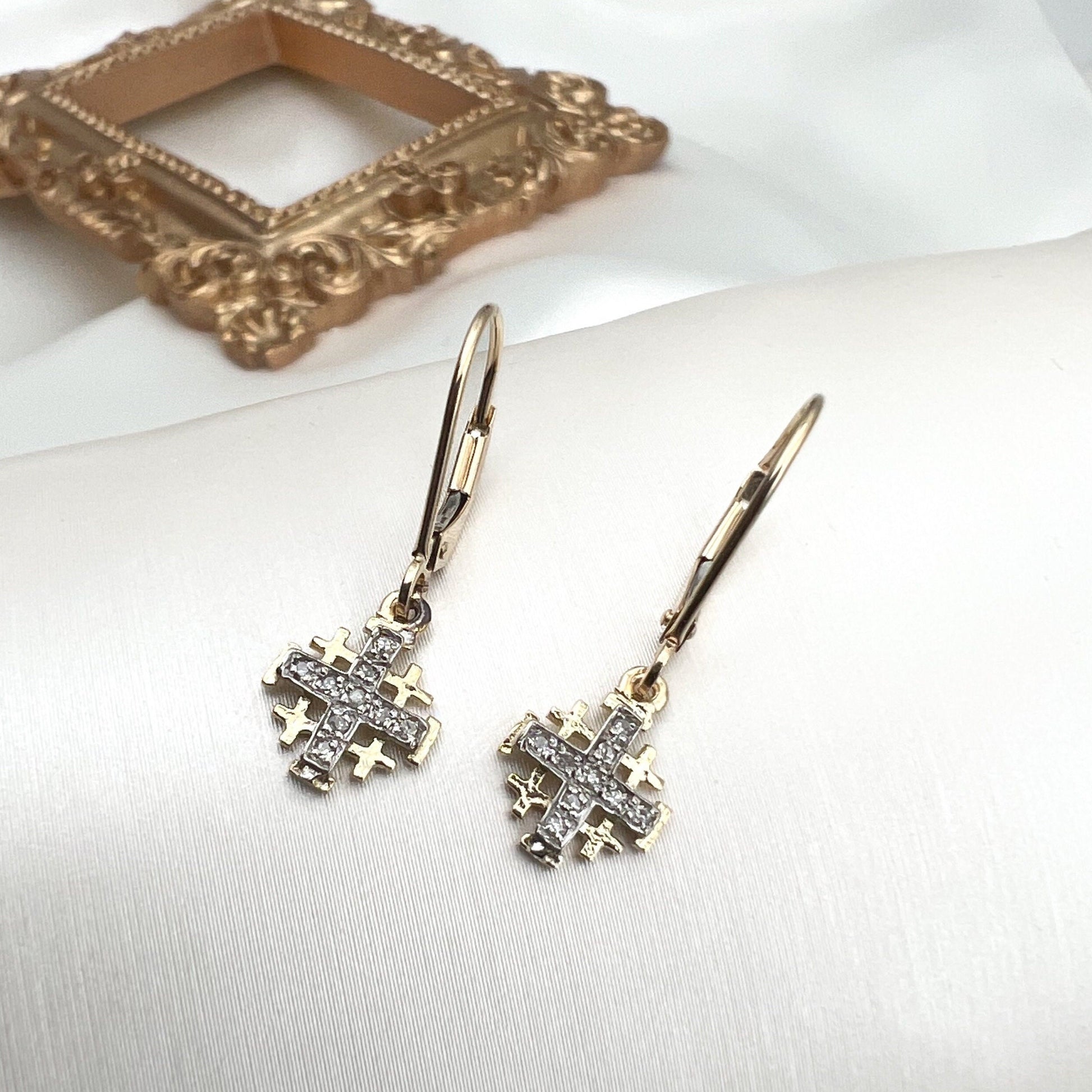 Jerusalem Cross Diamond Earrings in 14k Gold with 18 Diamonds