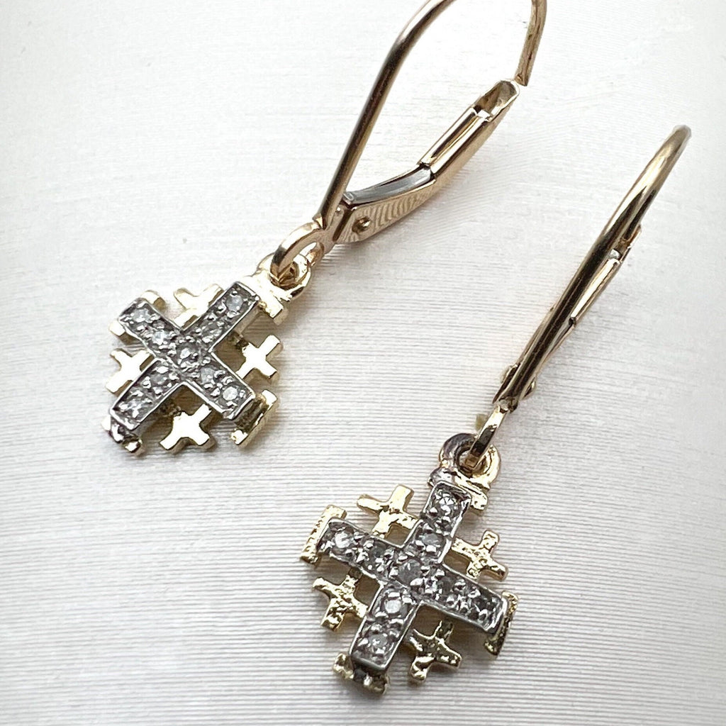 Jerusalem Cross Diamond Earrings in 14k Gold with 18 Diamonds