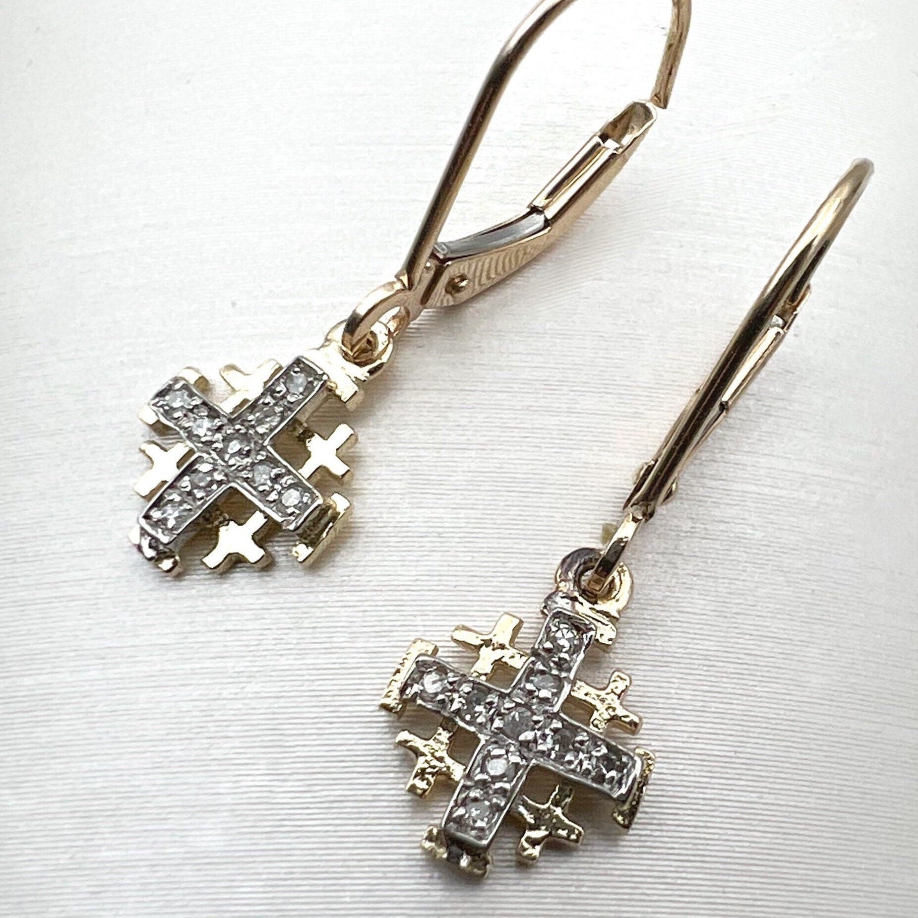 Jerusalem Cross Diamond Earrings in 14k Gold with 18 Diamonds