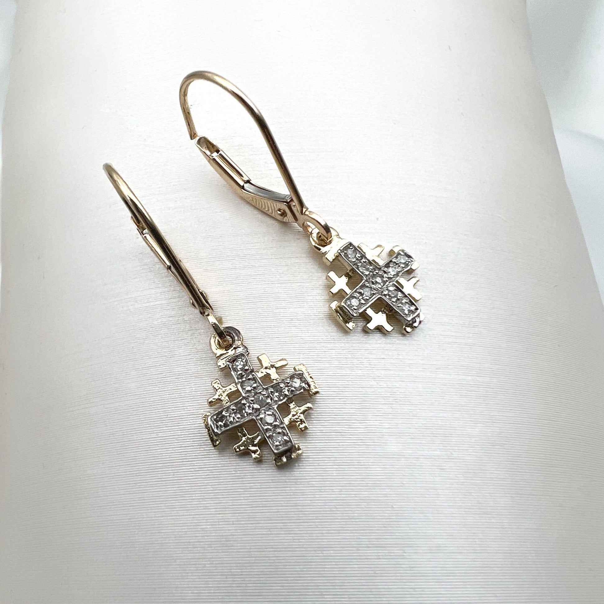Jerusalem Cross Diamond Earrings in 14k Gold with 18 Diamonds