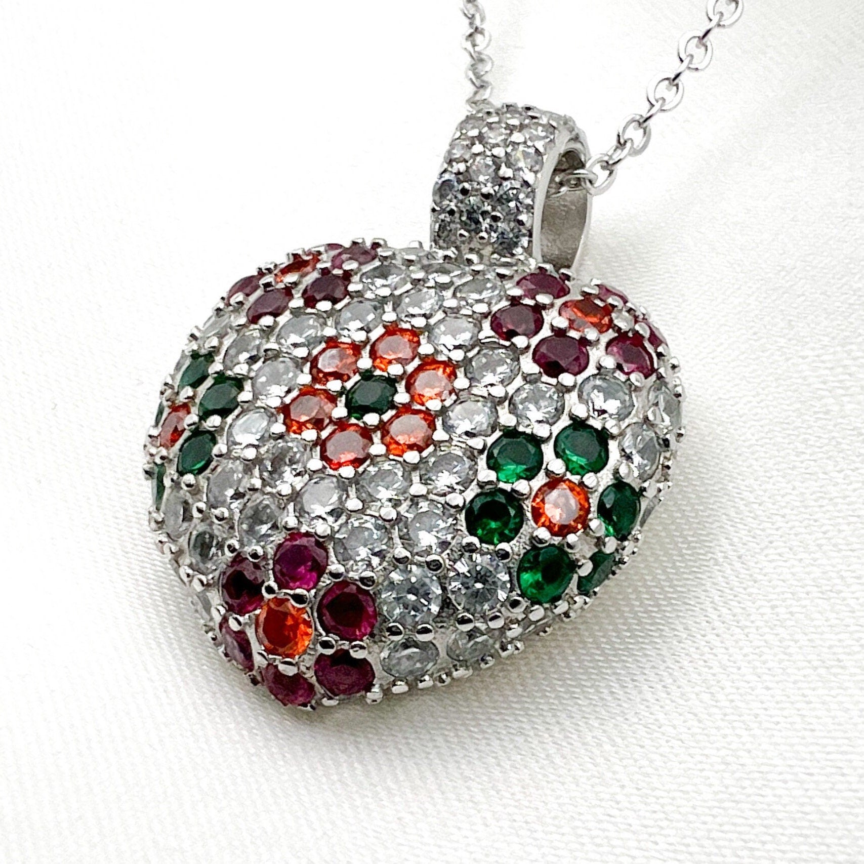 Colorful Flowers Heart Pendant in Silver 925 with Precious Stones