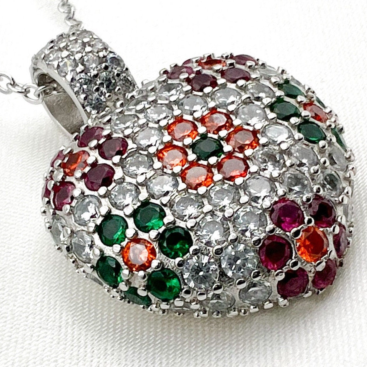 Colorful Flowers Heart Pendant in Silver 925 with Precious Stones