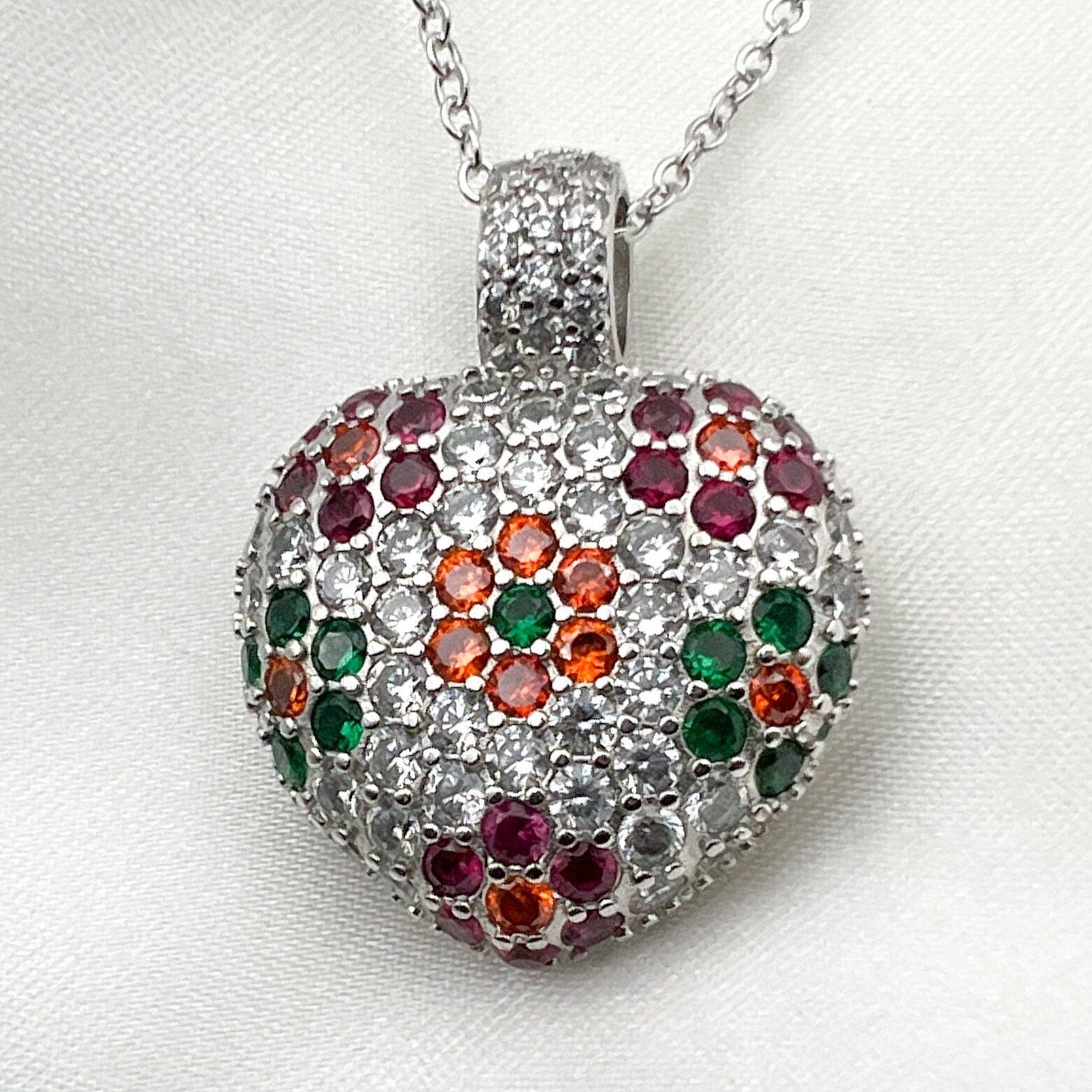 Colorful Flowers Heart Pendant in Silver 925 with Precious Stones