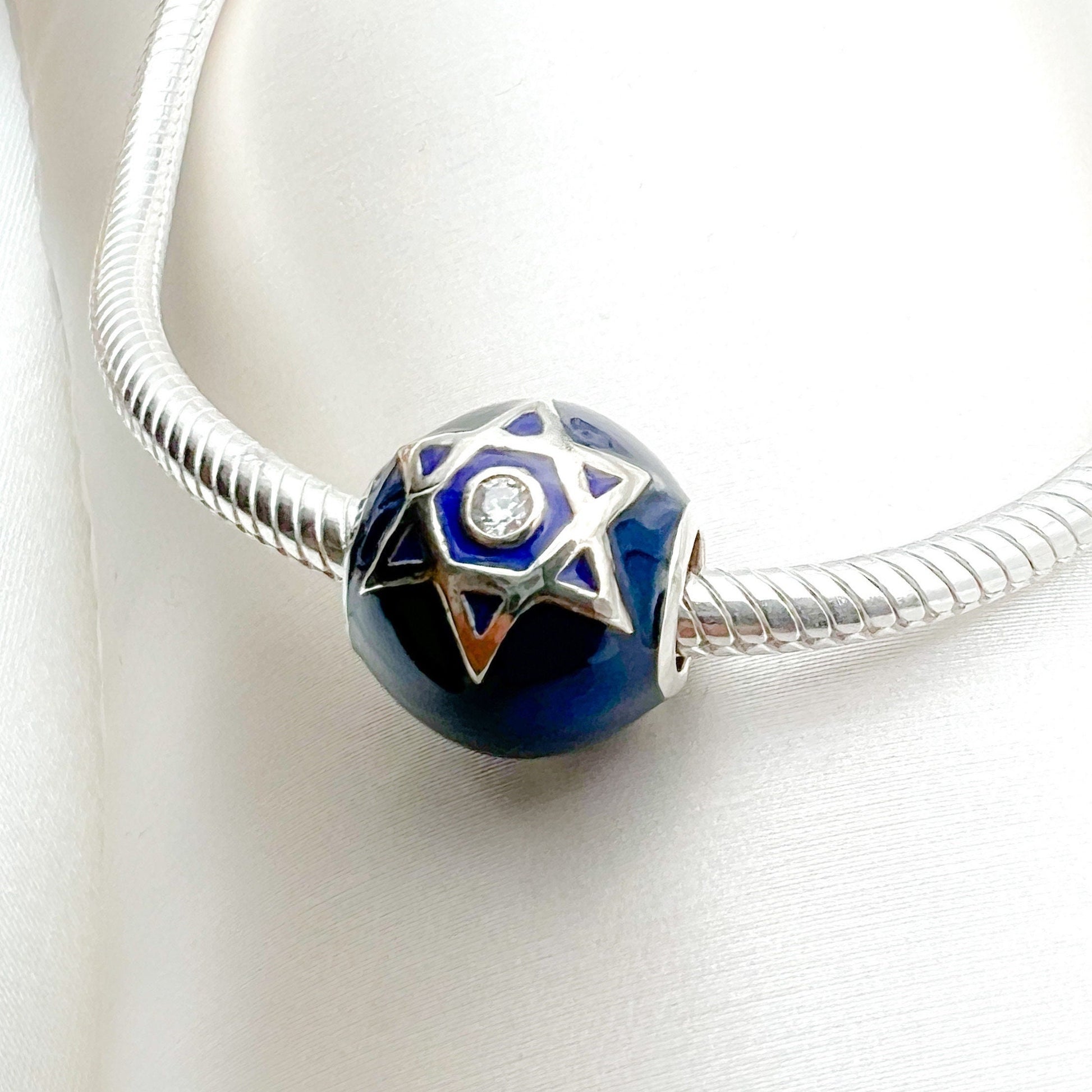 Star of David Charm with Blue Enamel and Sparkling Zircon – Fits Pandora Bracelets