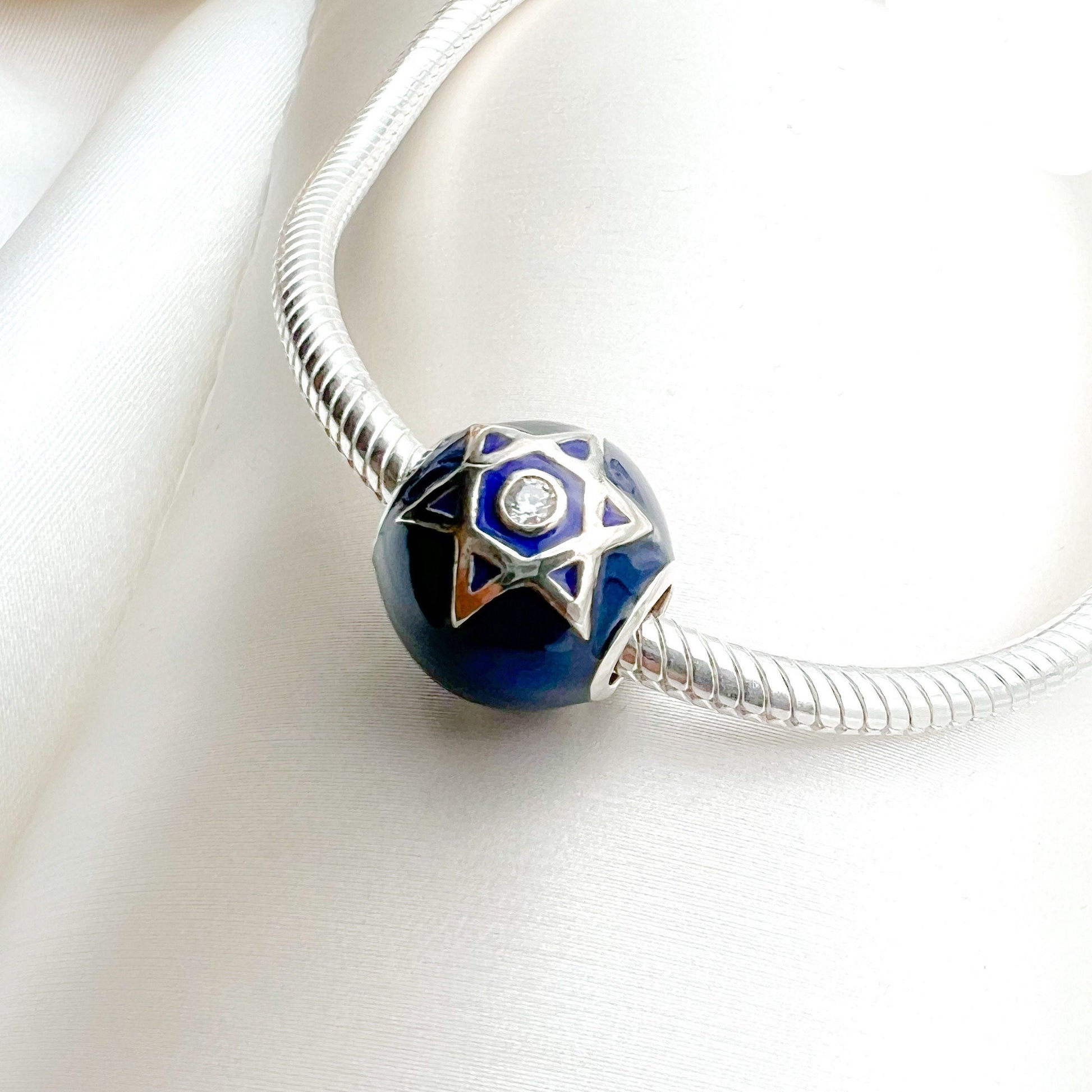 Star of David Charm with Blue Enamel and Sparkling Zircon – Fits Pandora Bracelets