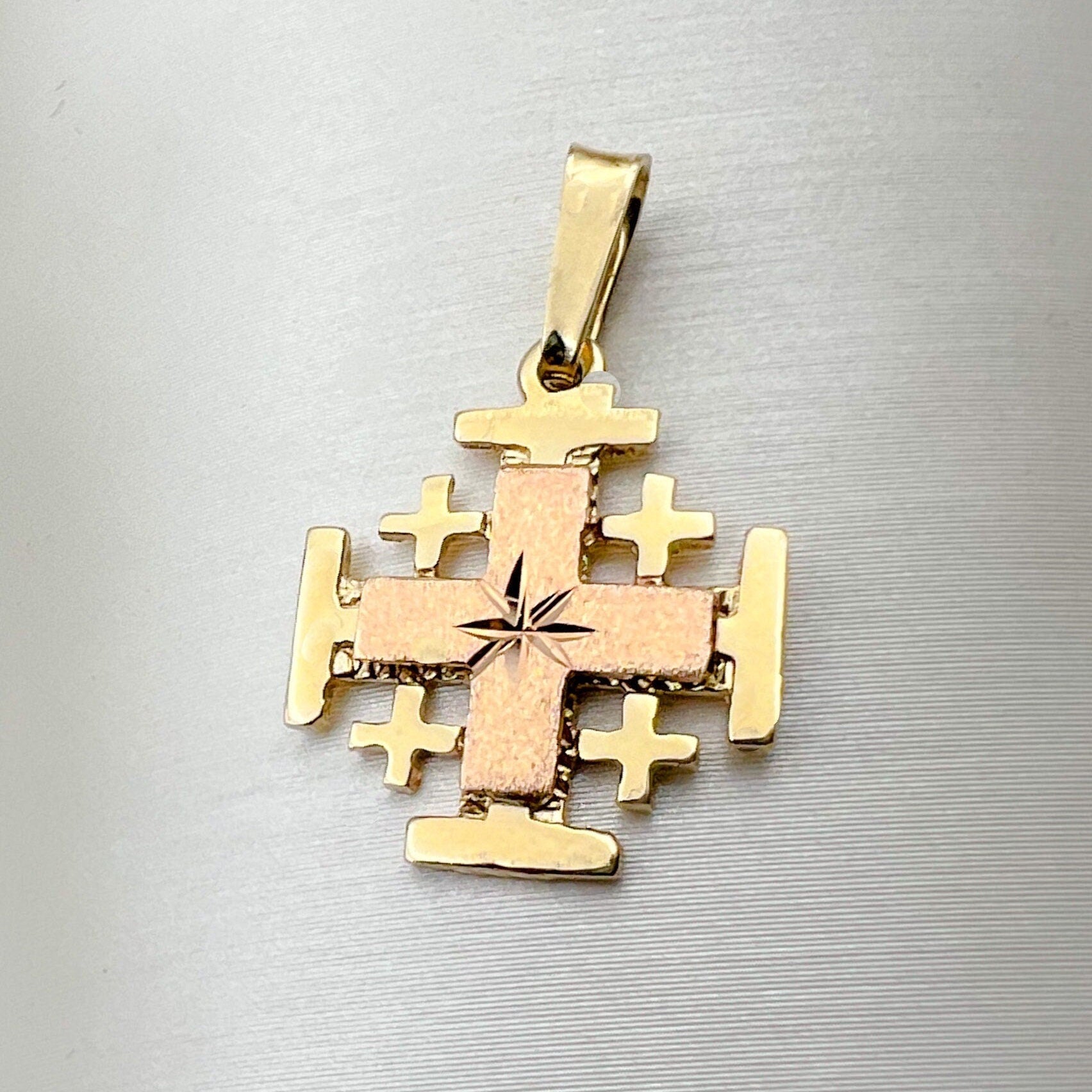 14k Gold Jerusalem Cross Pendant Featuring the Star of Bethlehem