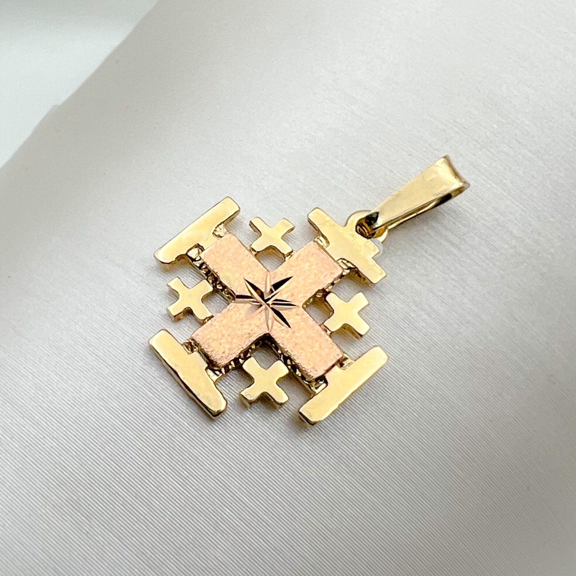14k Gold Jerusalem Cross Pendant Featuring the Star of Bethlehem