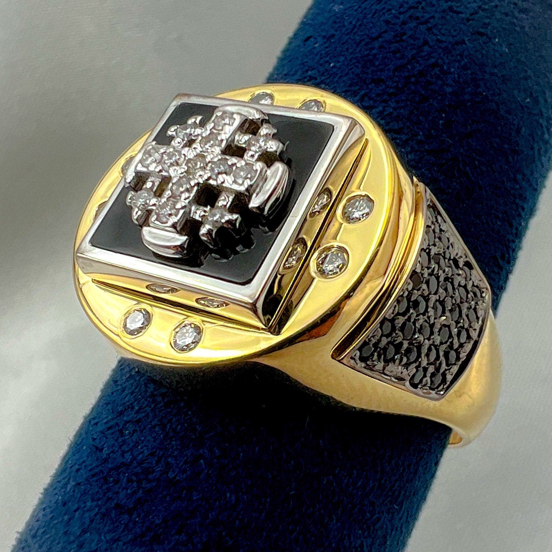 Jerusalem Cross Men’s Ring in 14k Gold with Diamonds and Black Onyx A Powerful Symbol of Faith