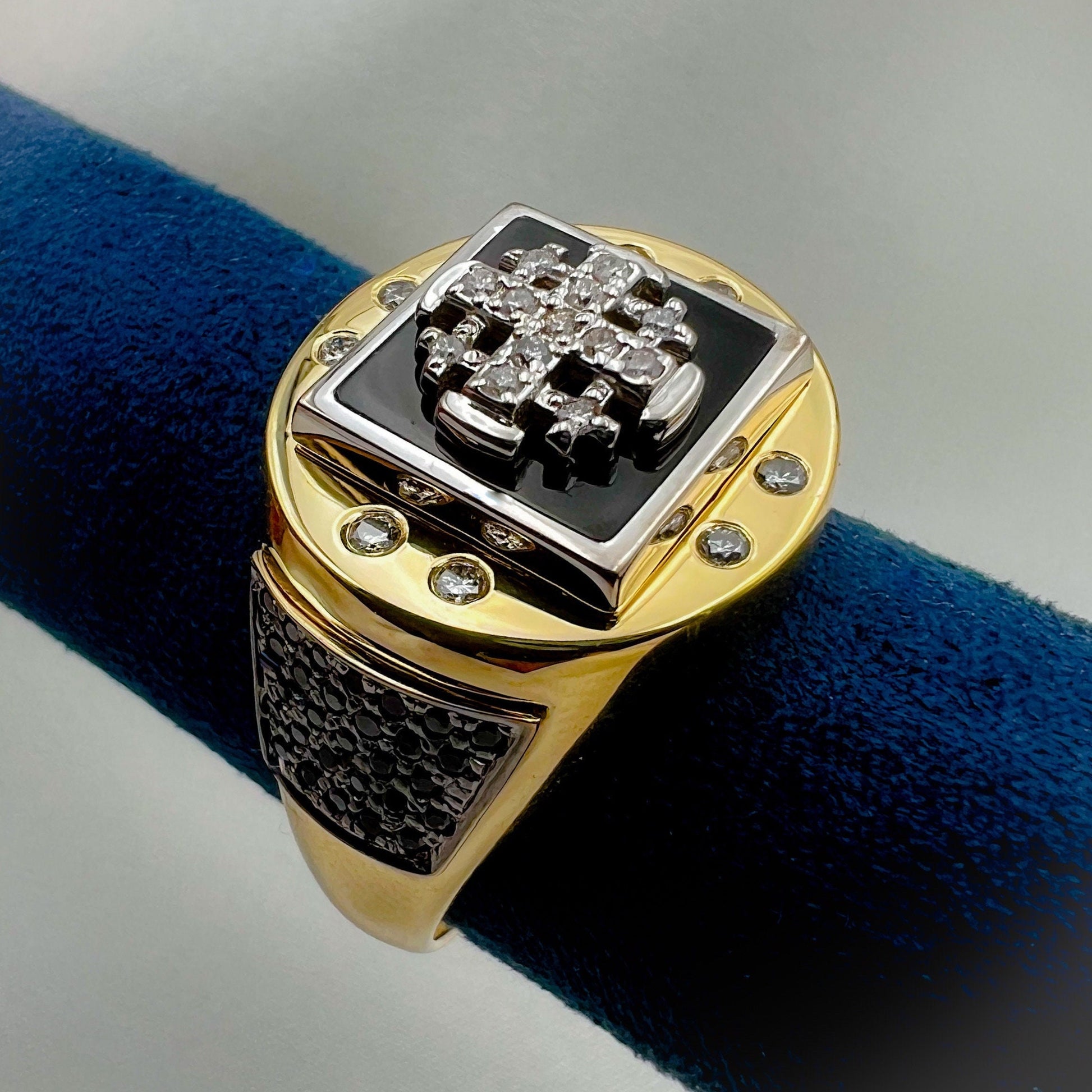 Jerusalem Cross Men’s Ring in 14k Gold with Diamonds and Black Onyx A Powerful Symbol of Faith