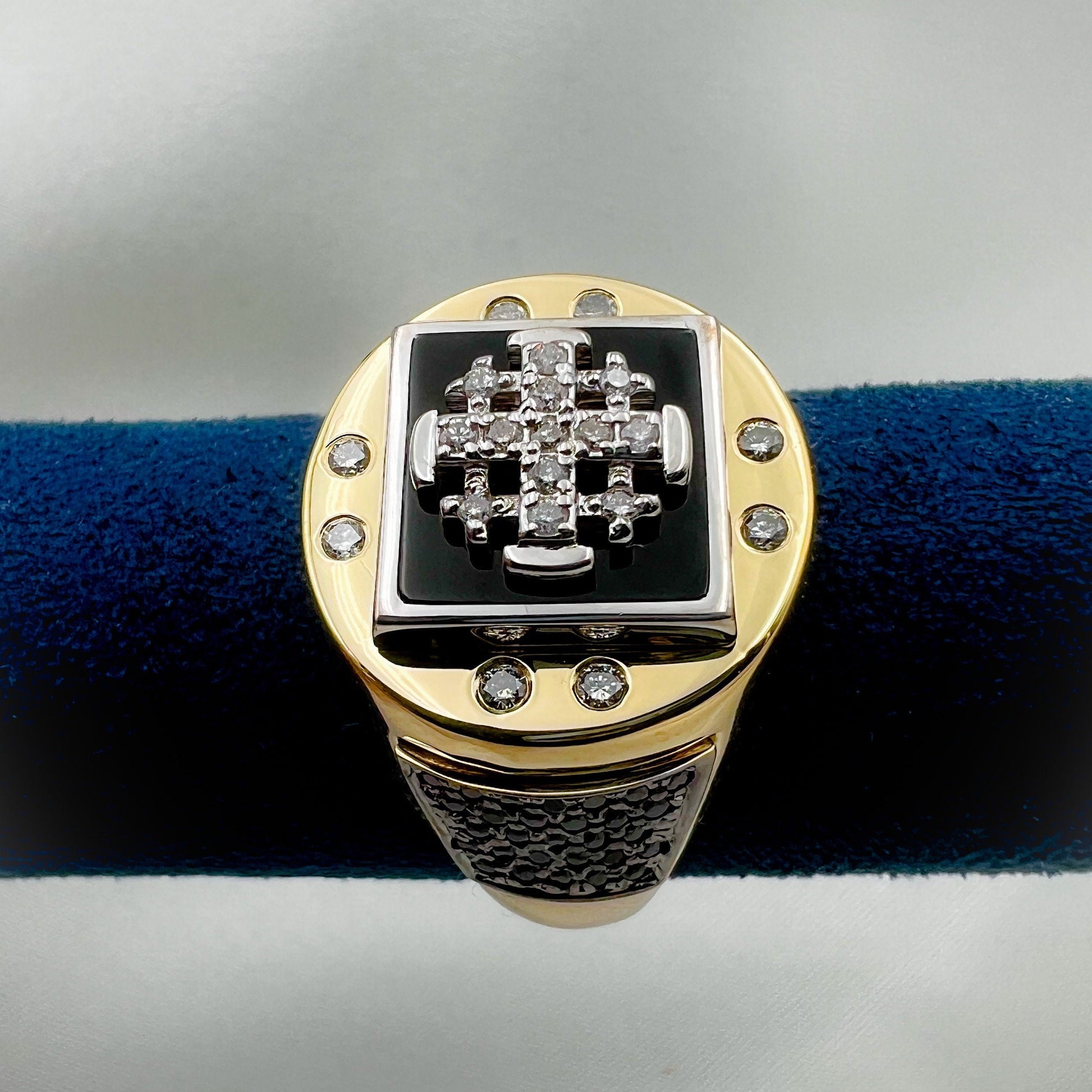 Jerusalem Cross Men’s Ring in 14k Gold with Diamonds and Black Onyx A Powerful Symbol of Faith