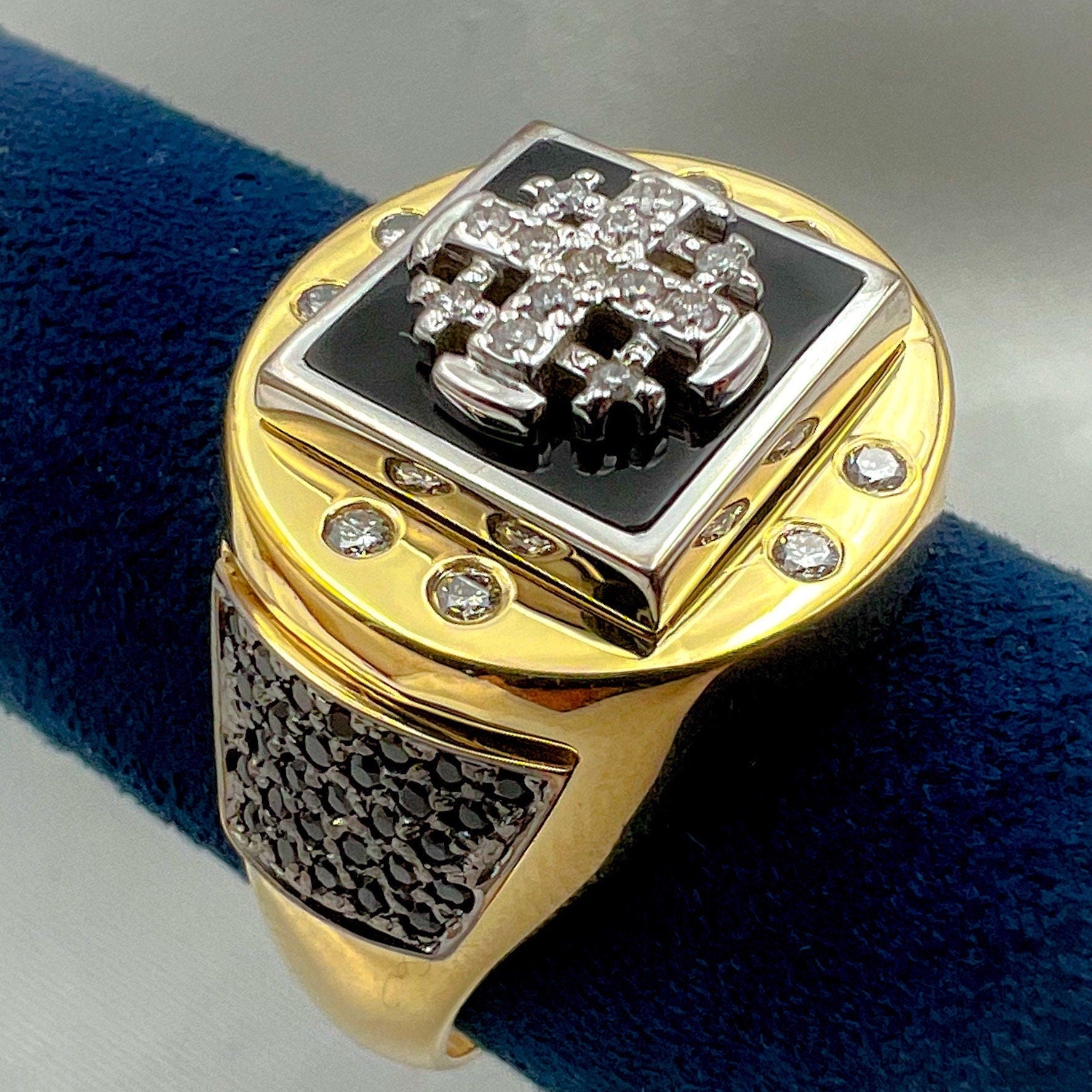 Jerusalem Cross Men’s Ring in 14k Gold with Diamonds and Black Onyx A Powerful Symbol of Faith