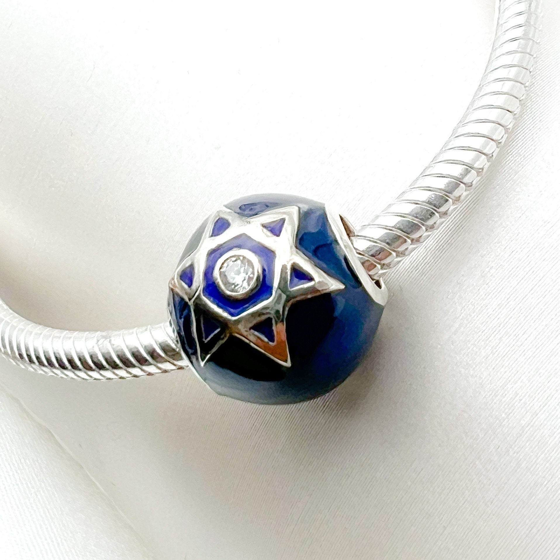 Star of David Charm with Blue Enamel and Sparkling Zircon – Fits Pandora Bracelets