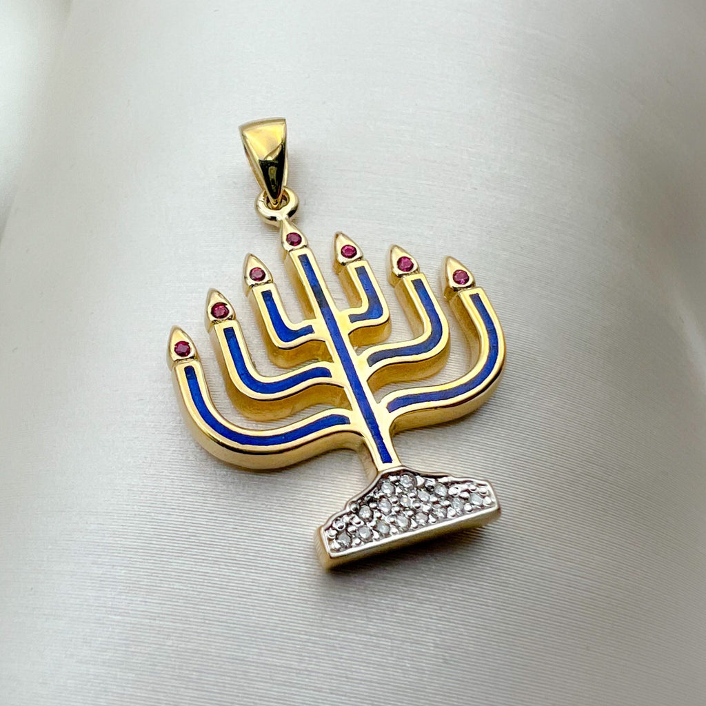 Radiant Menorah Pendant with Diamonds, Rubies, and Blue Enamel in 14k Gold