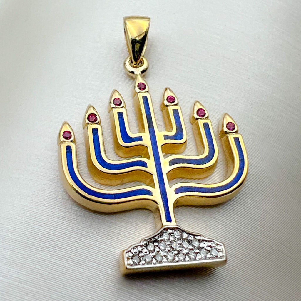 Radiant Menorah Pendant with Diamonds, Rubies, and Blue Enamel in 14k Gold