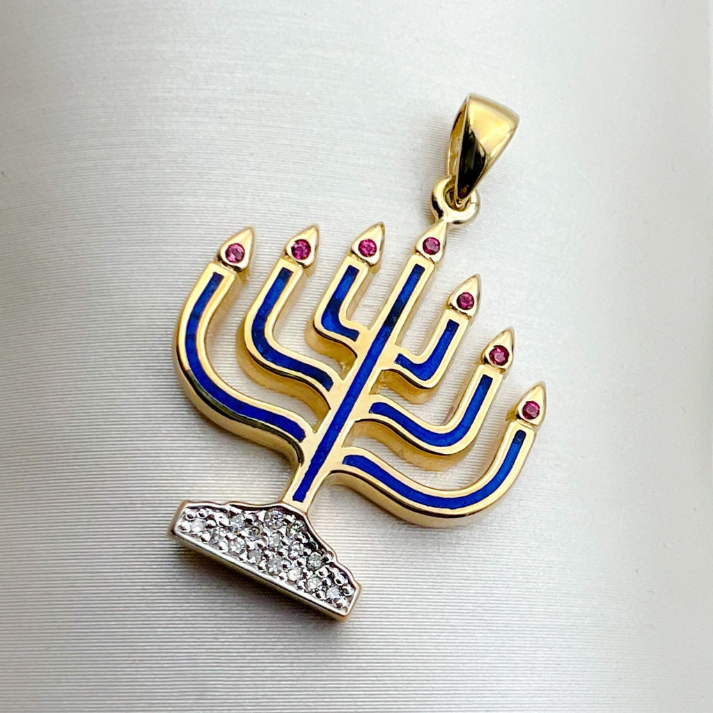 Radiant Menorah Pendant with Diamonds, Rubies, and Blue Enamel in 14k Gold