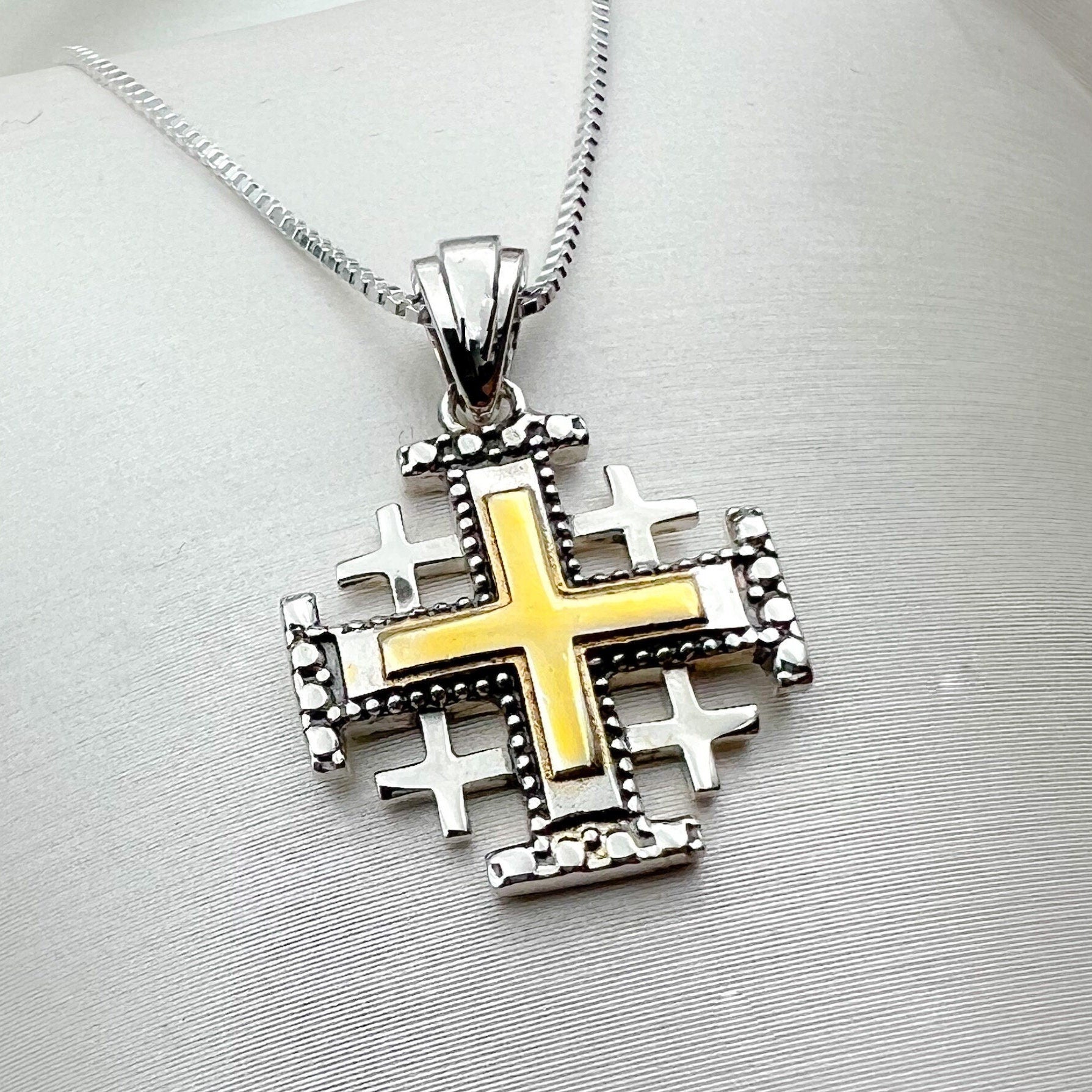 Jerusalem Cross Pendant in 14k Gold and 925 Silver with Engraved Details