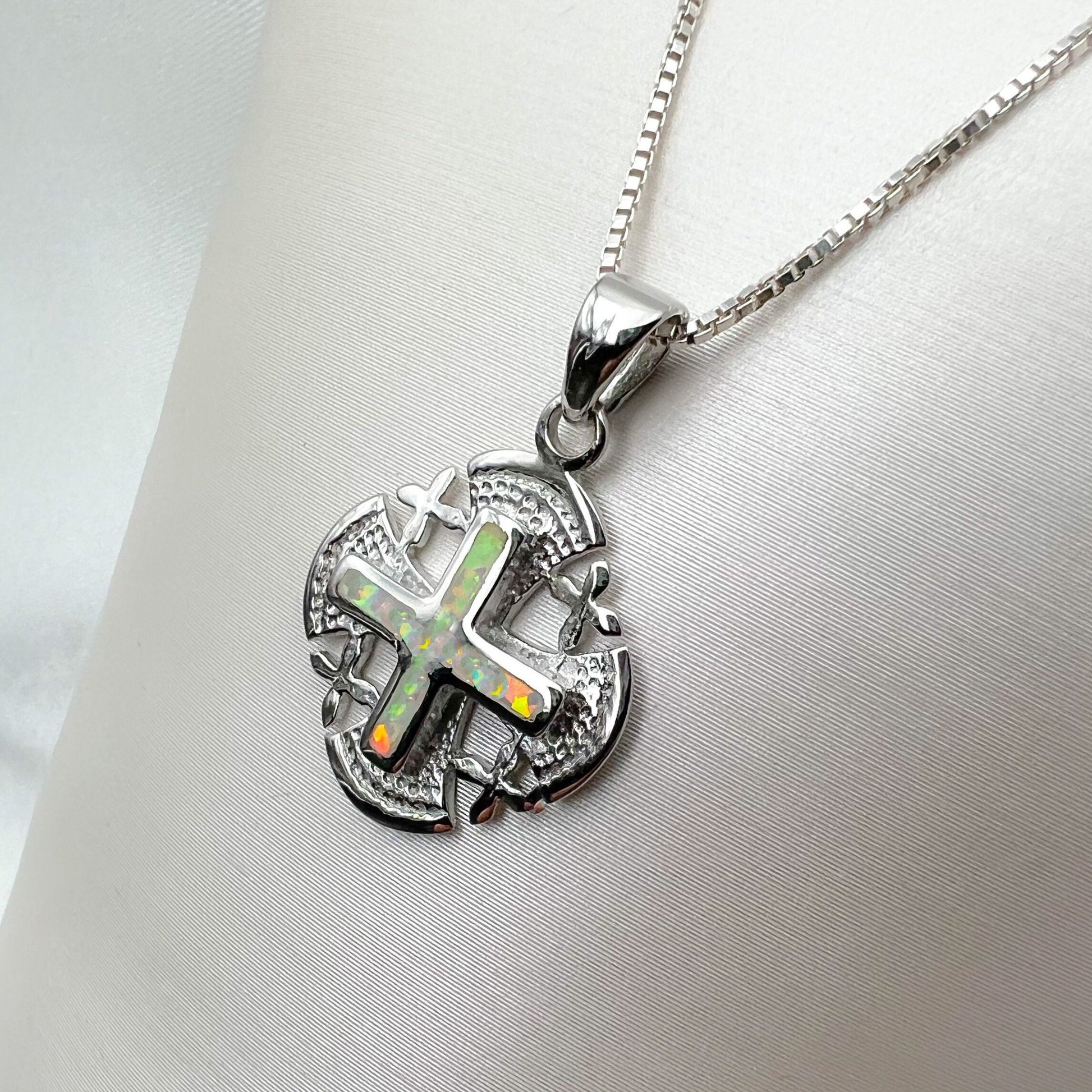 White Opal Jerusalem Cross Pendant – Silver 925 with Chain