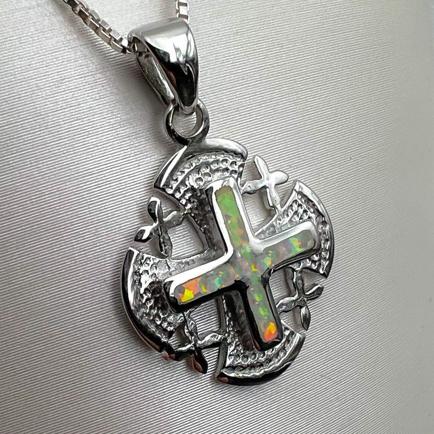 White Opal Jerusalem Cross Pendant – Silver 925 with Chain