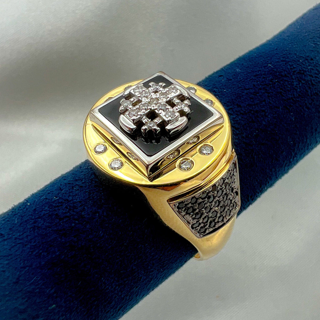 Jerusalem Cross Men’s Ring in 14k Gold with Diamonds and Black Onyx A Powerful Symbol of Faith