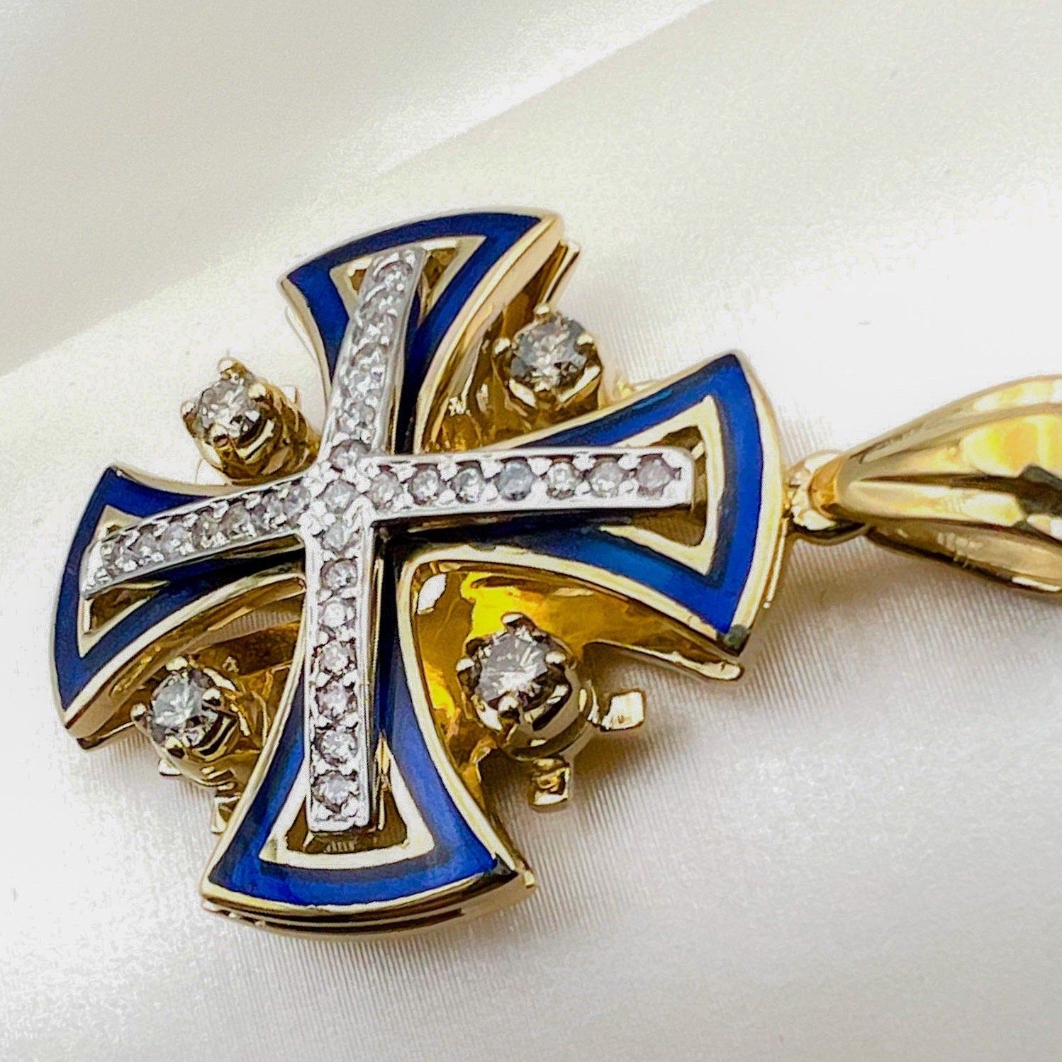 Large Jerusalem Cross Pendant in 14k Gold with Diamonds and Blue Enamel