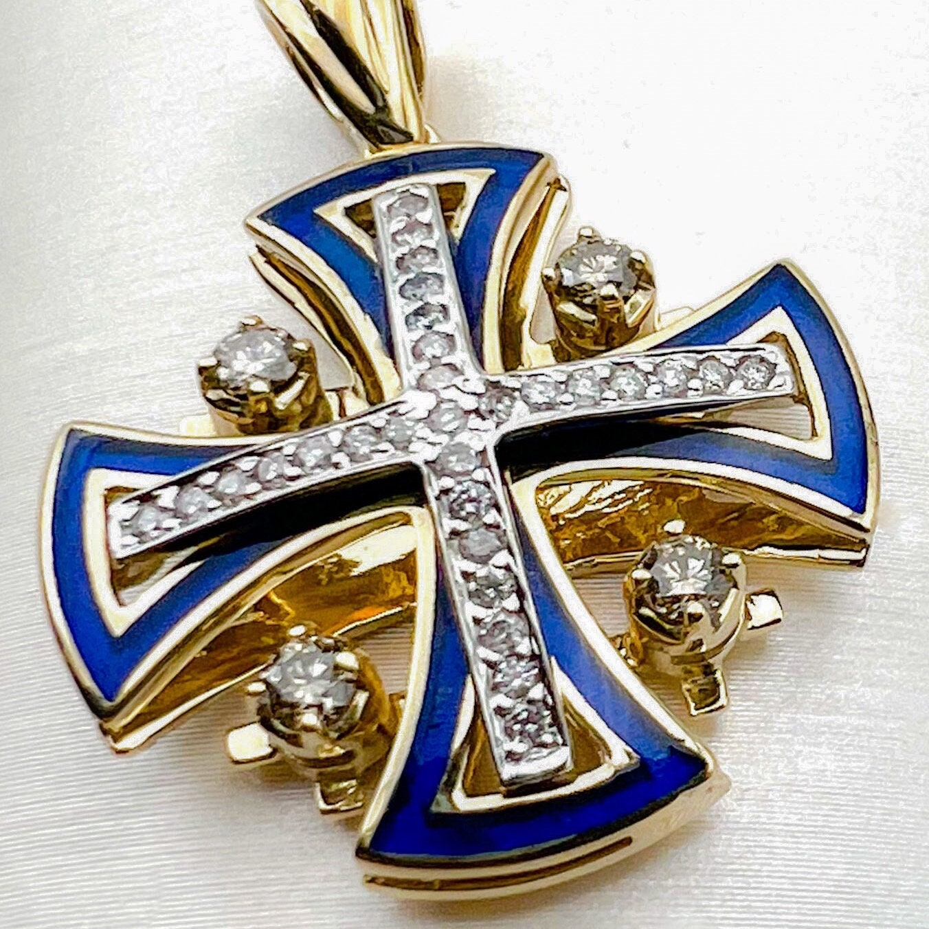 Large Jerusalem Cross Pendant in 14k Gold with Diamonds and Blue Enamel