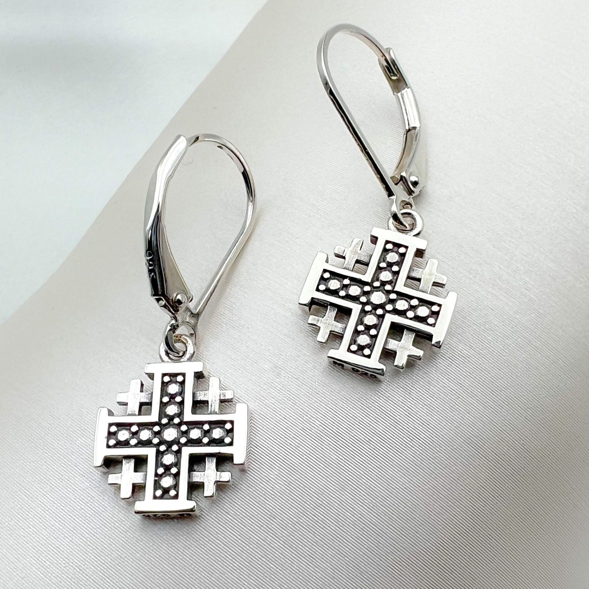 Elegant Jerusalem Cross Dangling Earrings in 925 Silver