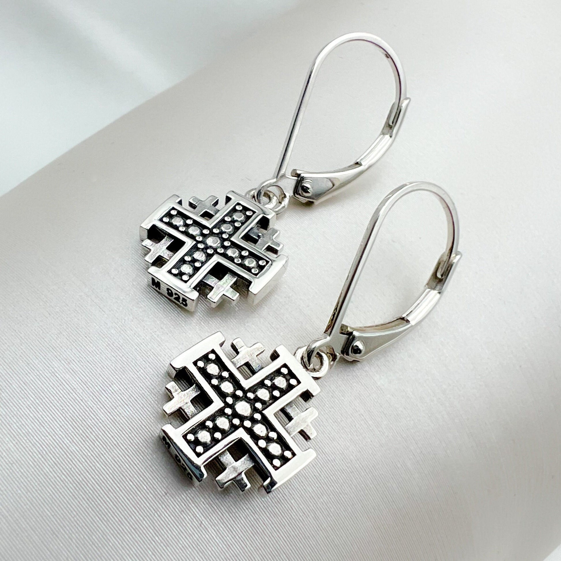 Elegant Jerusalem Cross Dangling Earrings in 925 Silver